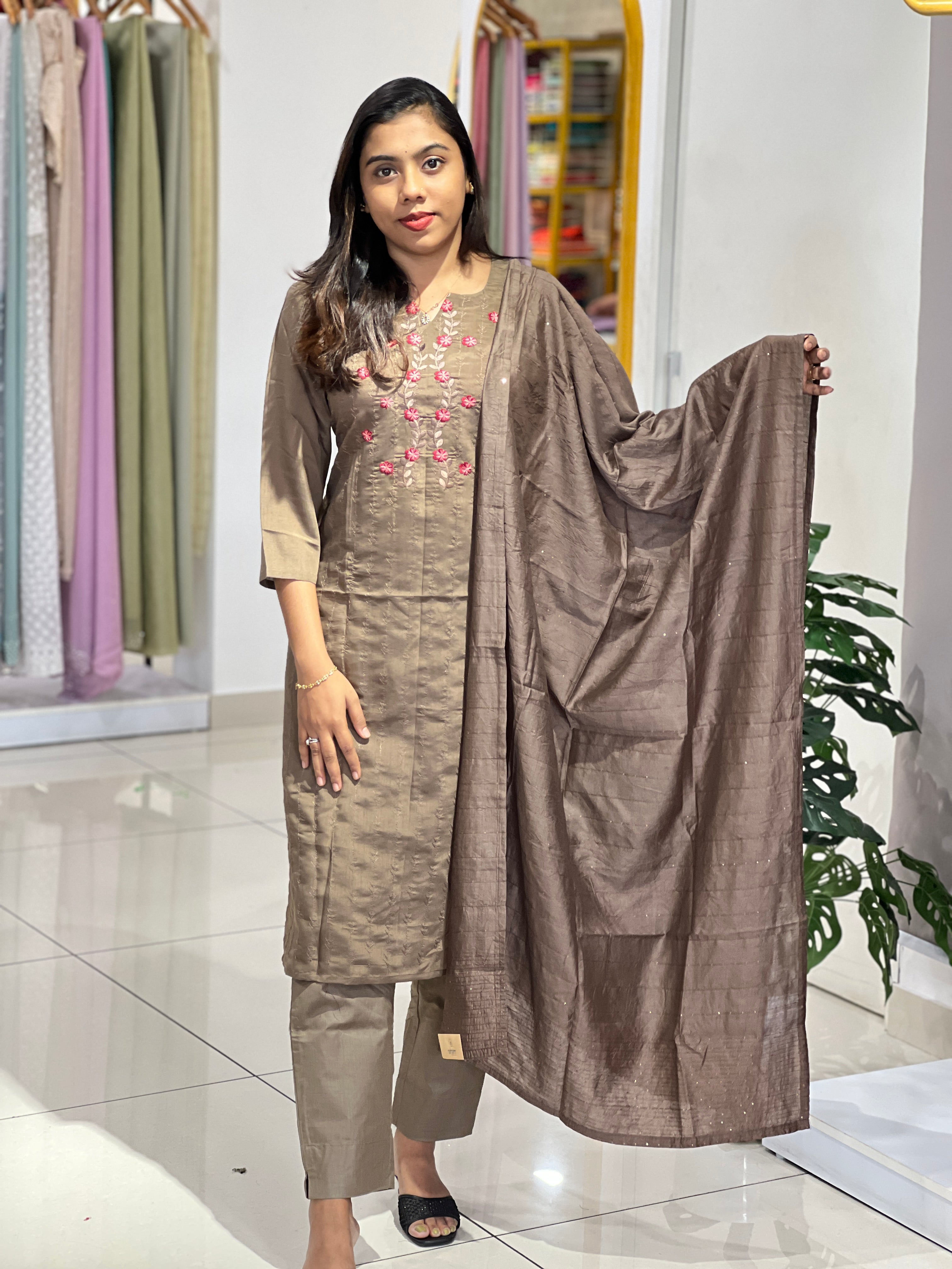 Machine Embroidery Semi Silk Kurta Set | IHP120