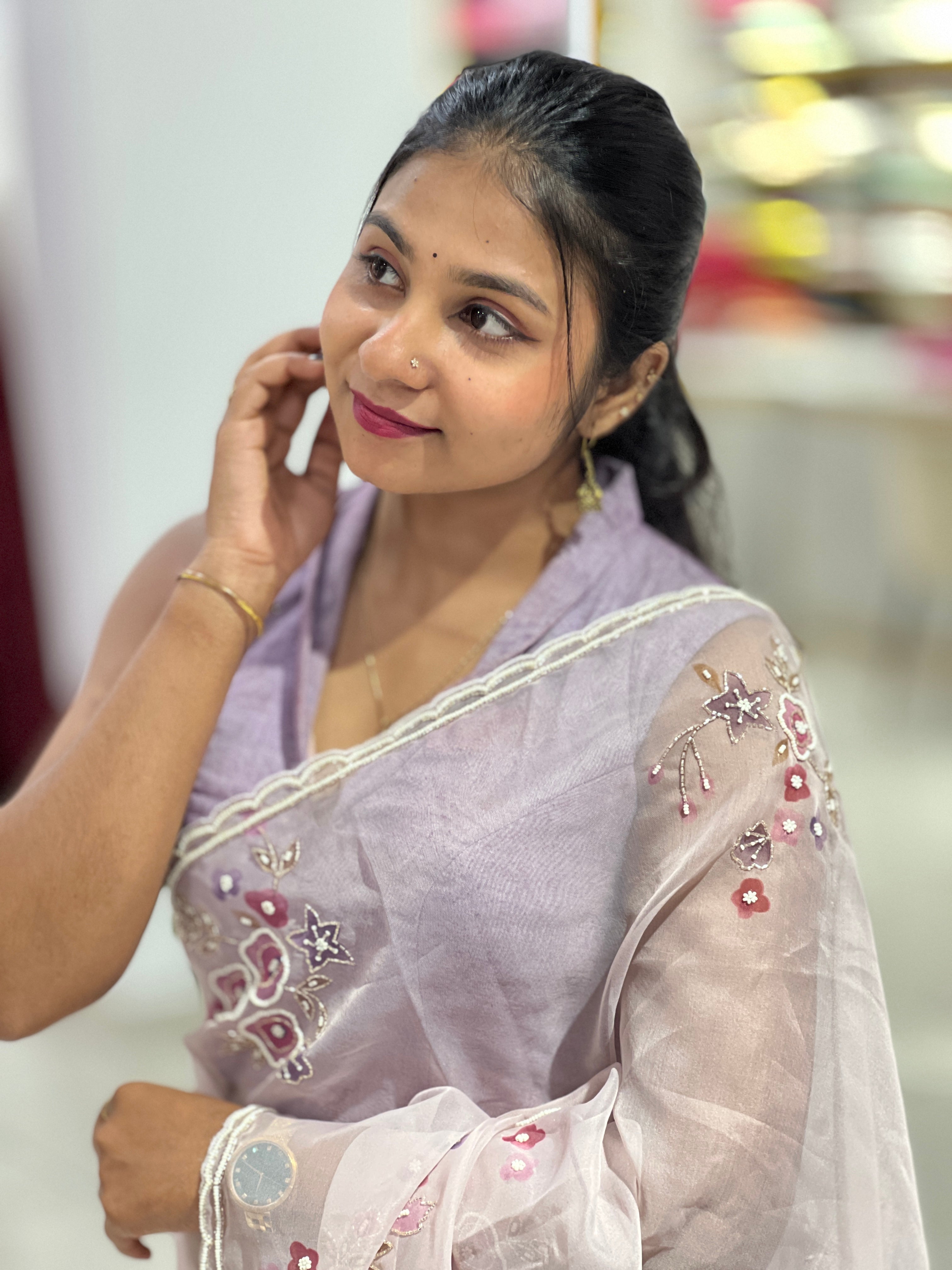 Floral Print With Hand Embroidery Detailed Organza Saree | BLD1826