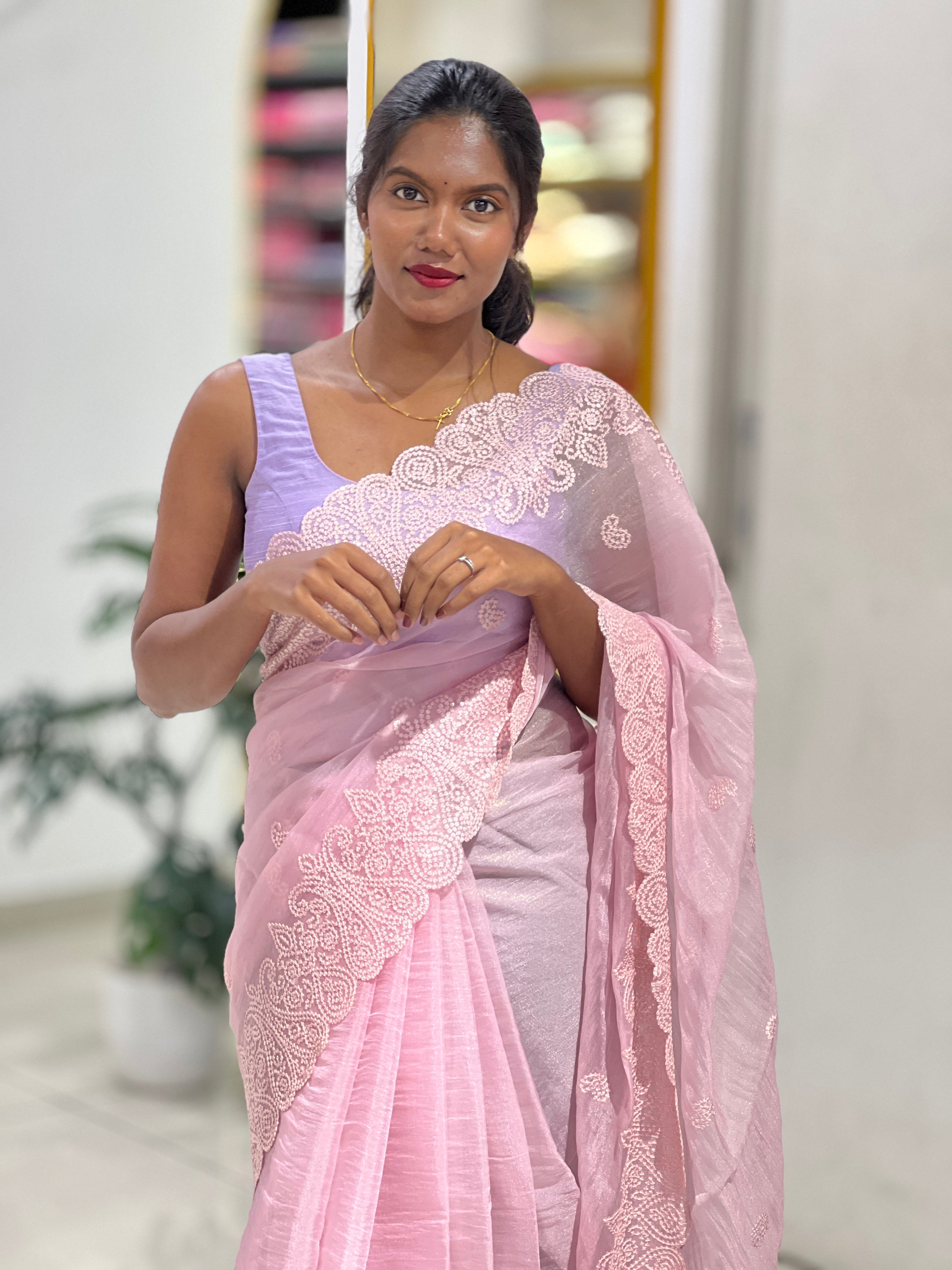 Machine Embroidery Detailed Shimmer Organza Saree | BLD1831