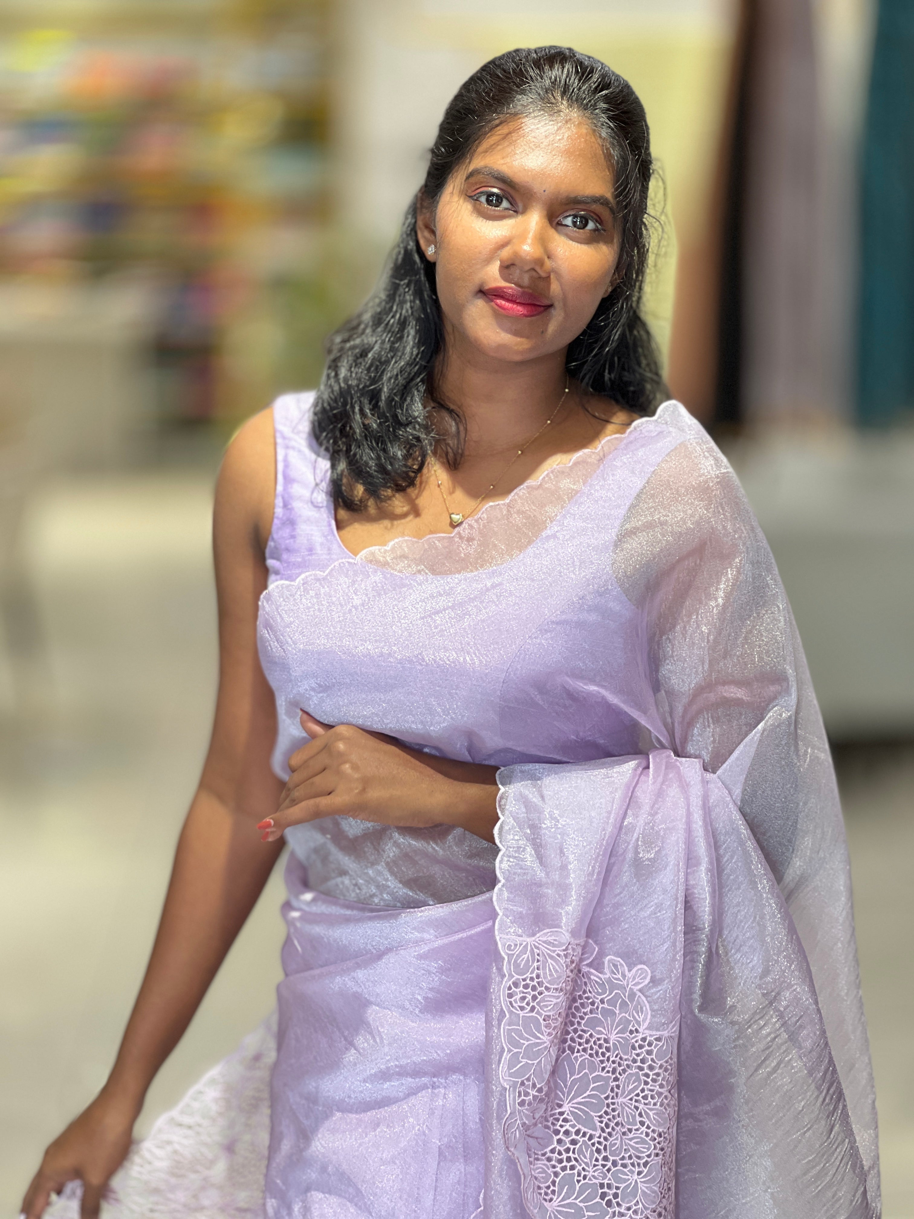 Machine Embroidery Cutwork Detailed Shimmer Oragnza Saree |  BLD491