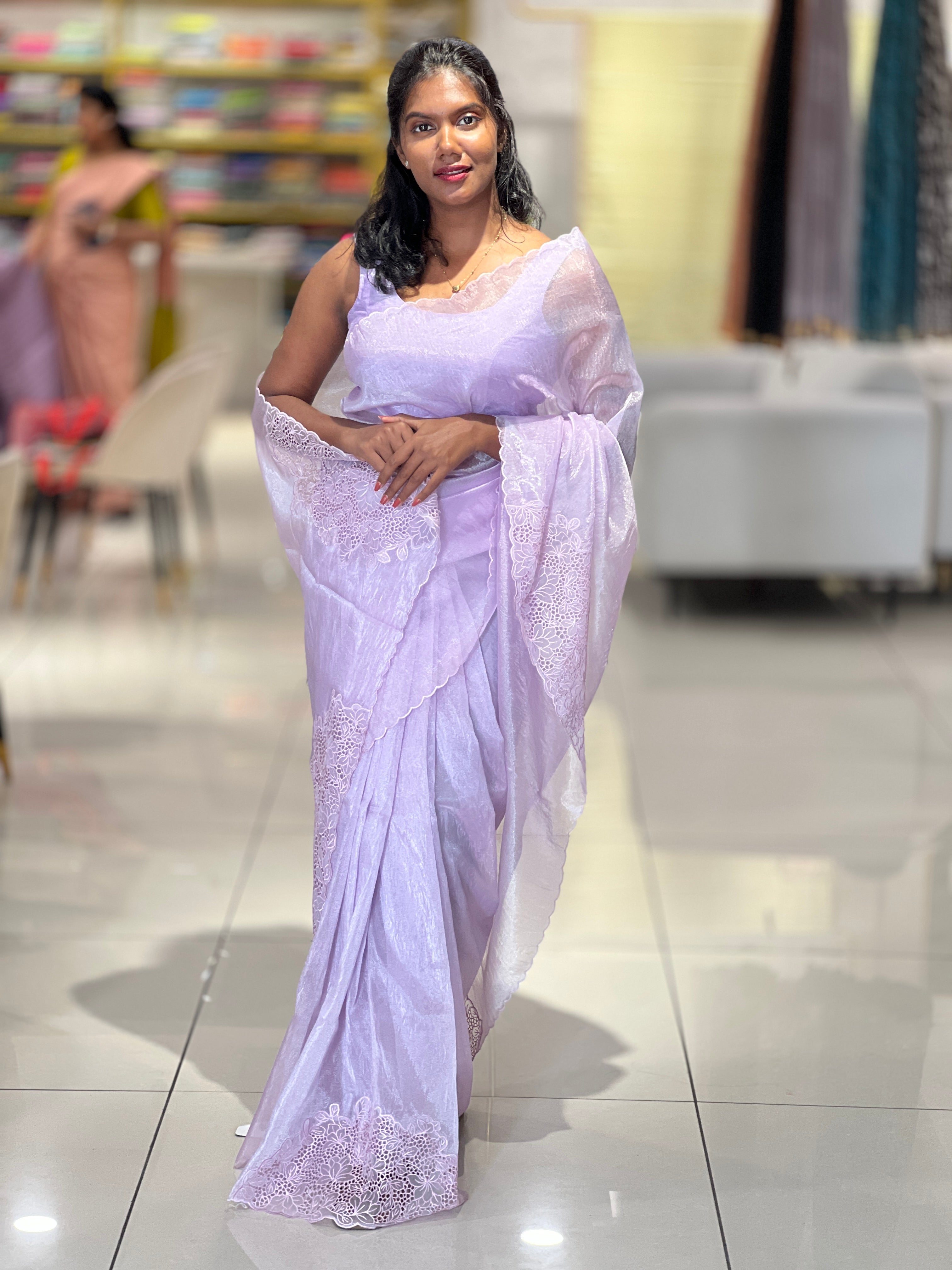 Machine Embroidery Cutwork Detailed Shimmer Oragnza Saree |  BLD491