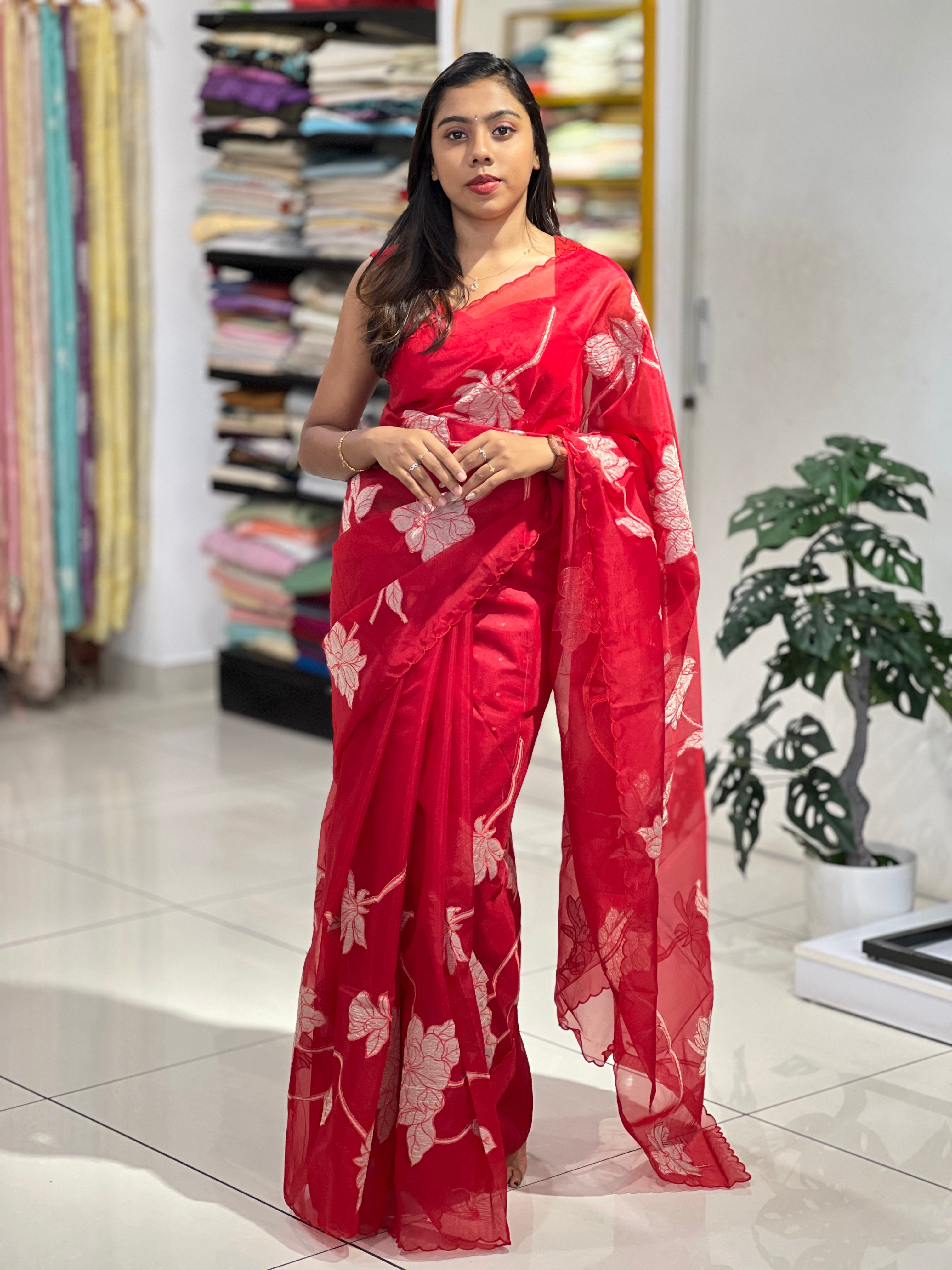 Floral Applique Patterned Organza Saree | MM344