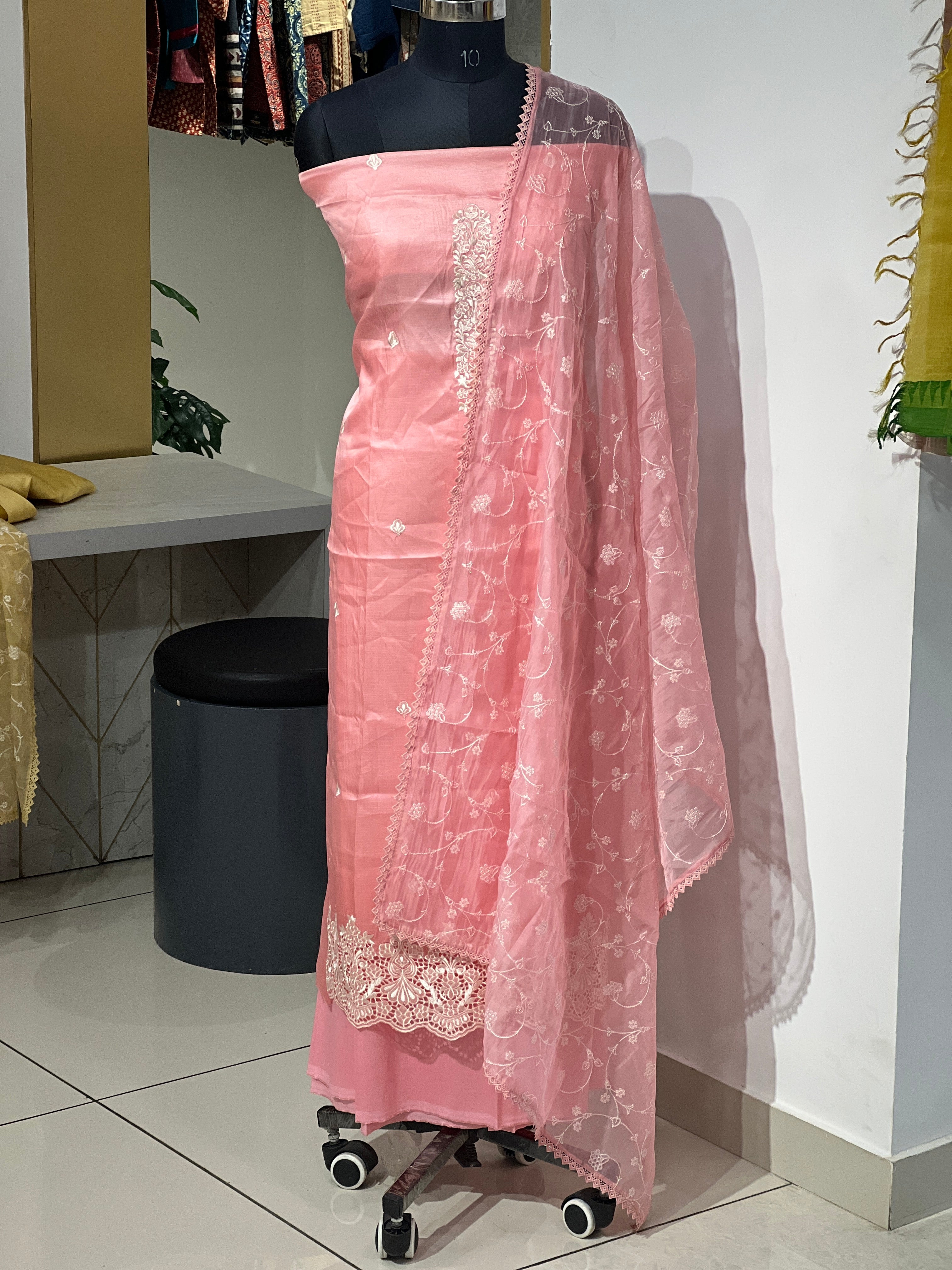 Machine Embroidery Detailed Semi Tussar Salwar Set | SUN659