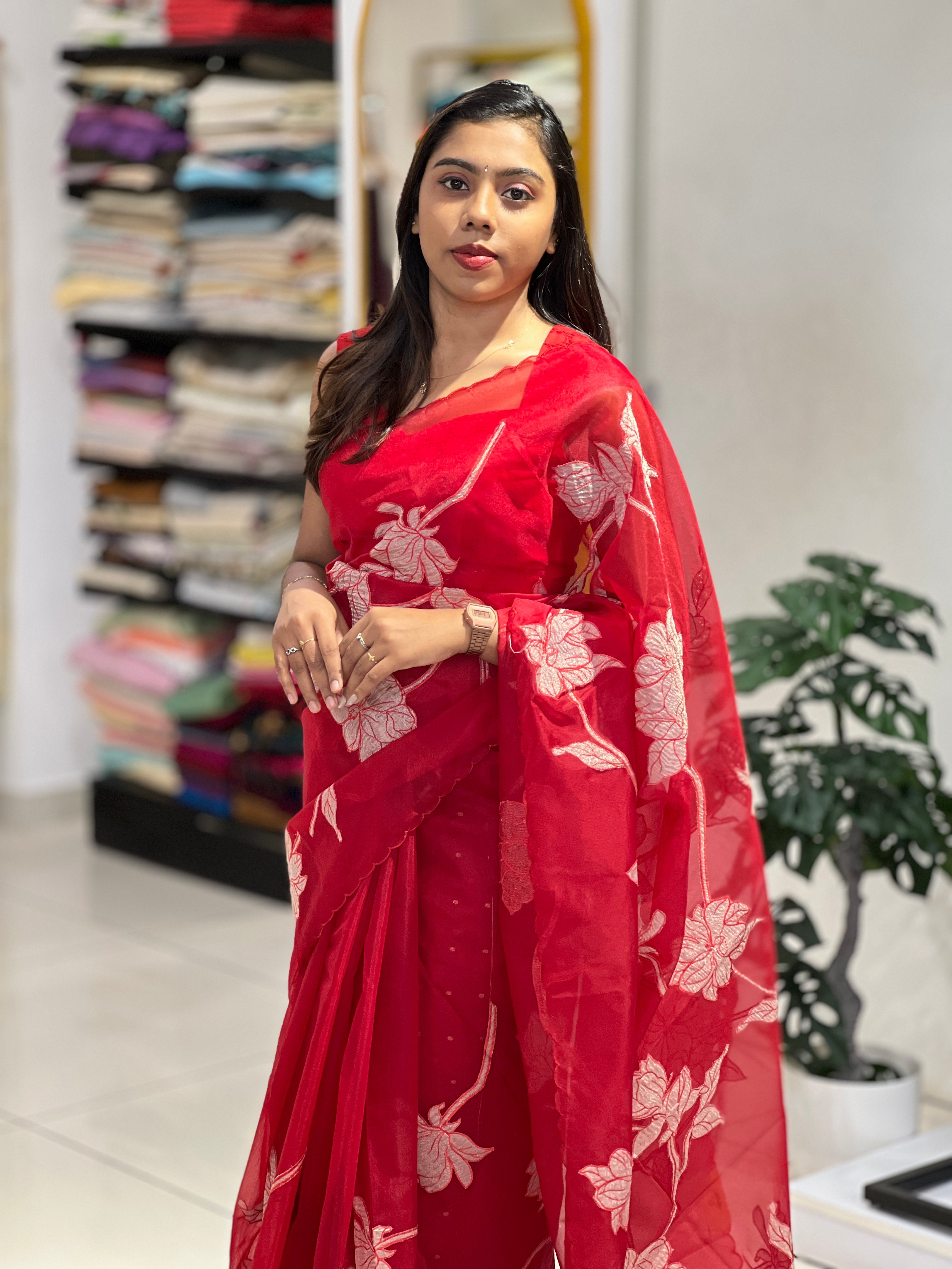 Floral Applique Patterned Organza Saree | MM344