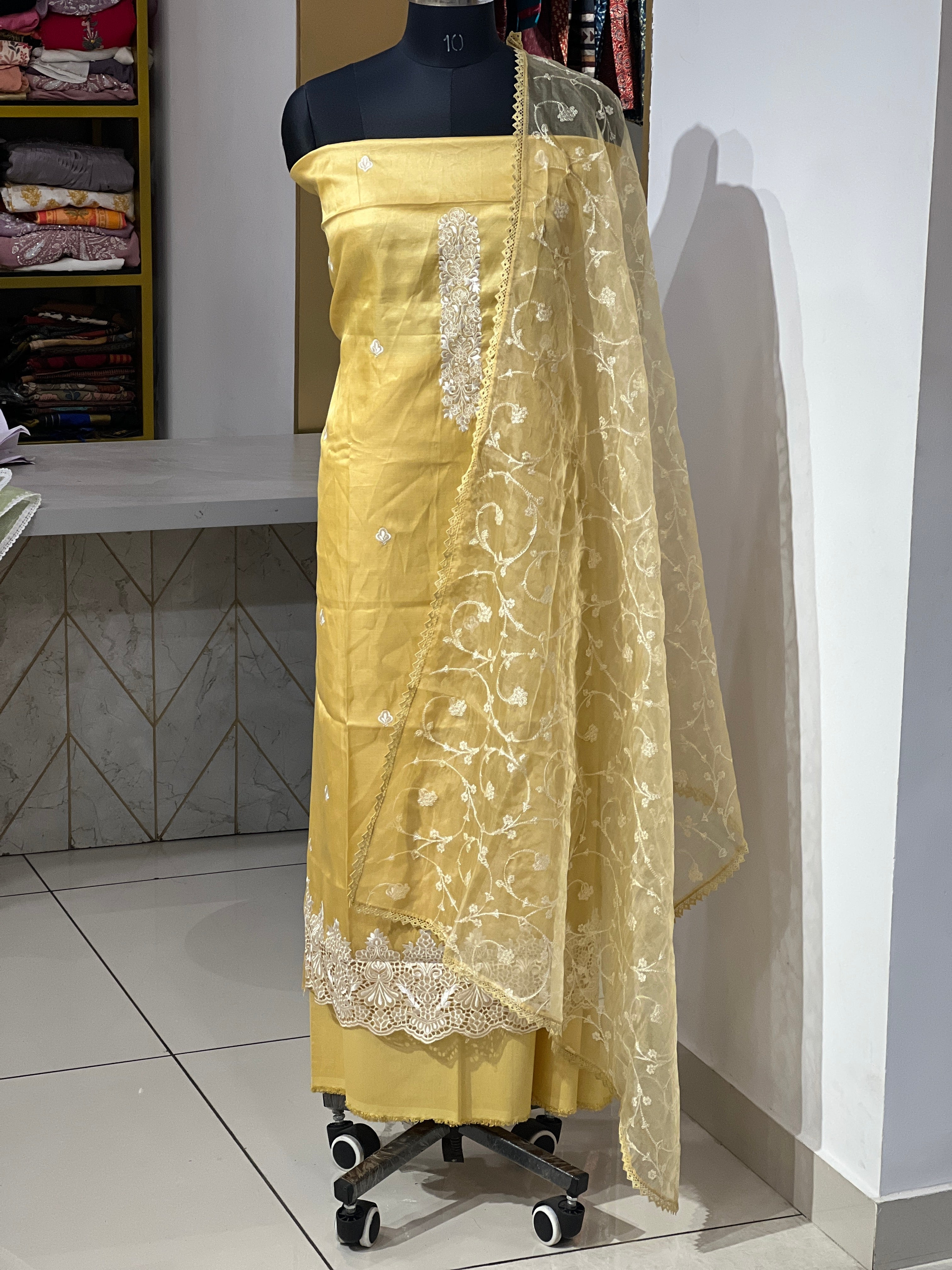 Machine Embroidery Detailed Semi Tussar Salwar Set | SUN663