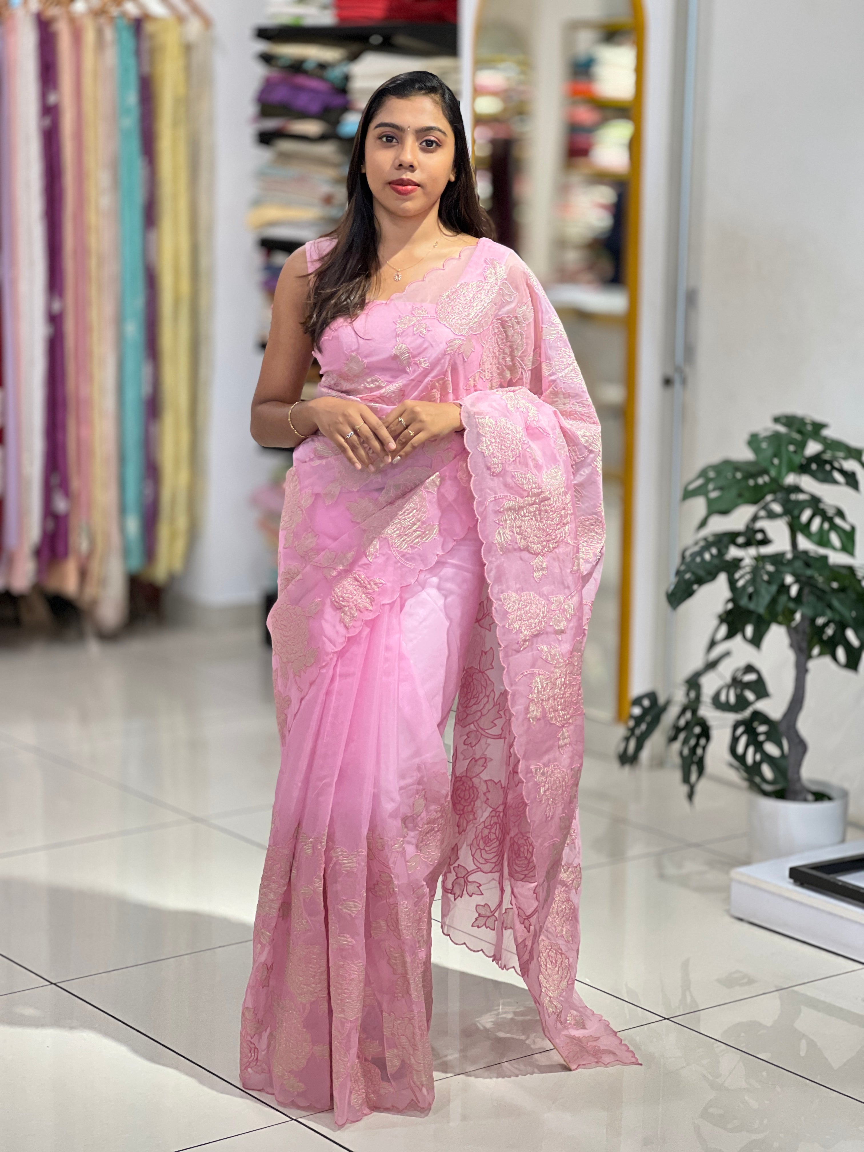 Tissue Applique Patterned Organza Saree | MM367
