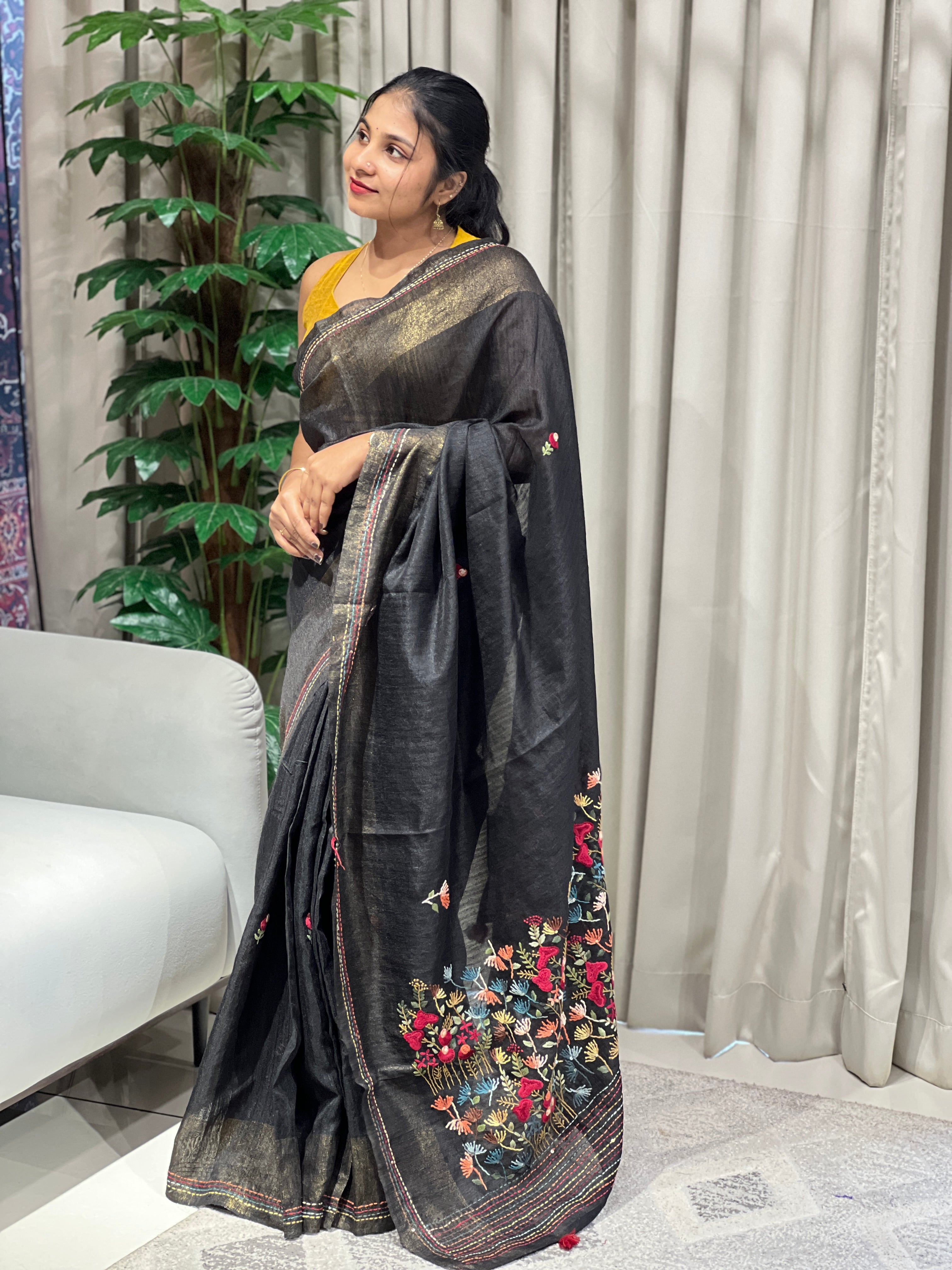 Floral Hand Embroidered Green Silk Saree | BLD1839