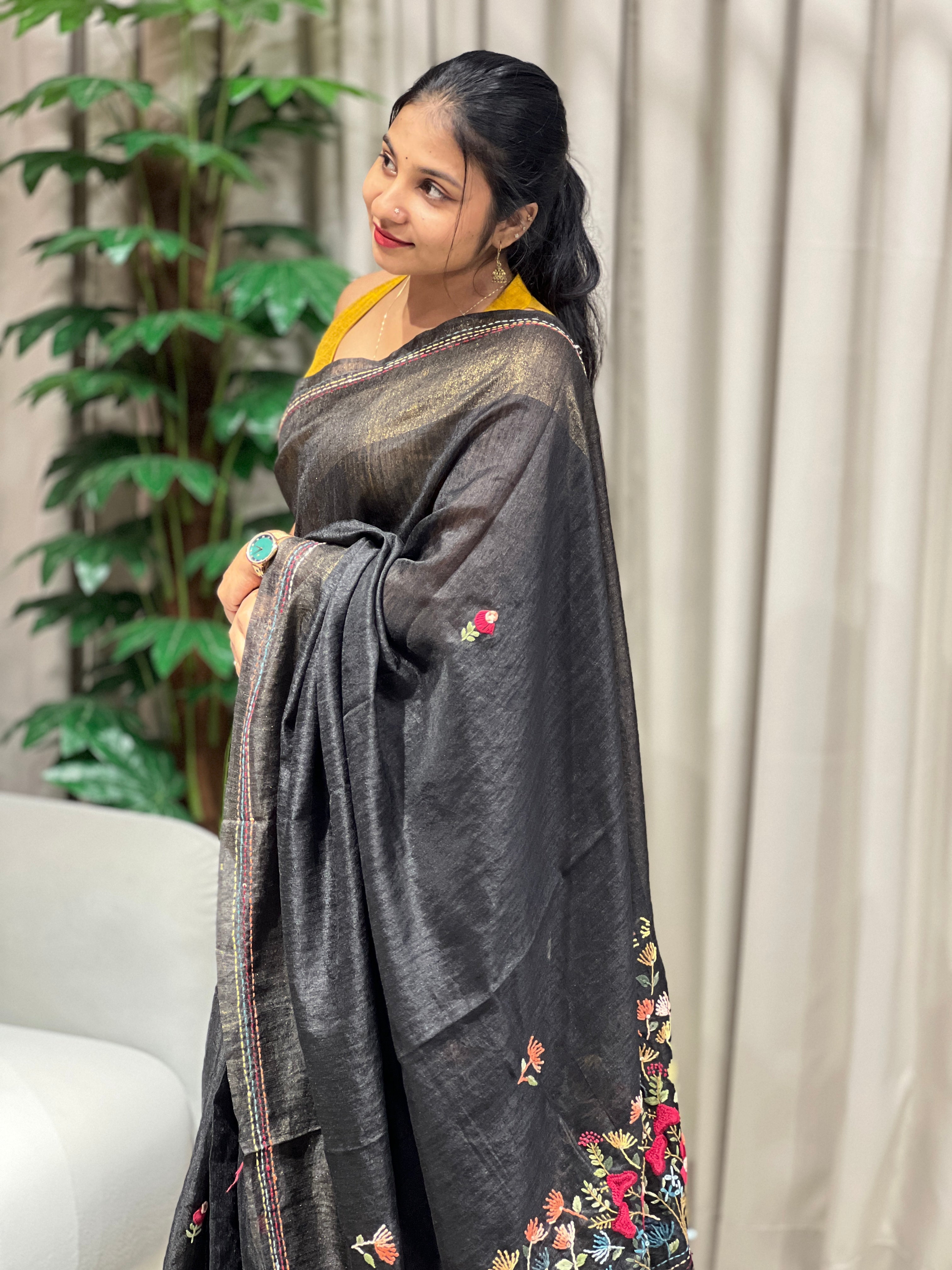 Floral Hand Embroidered Green Silk Saree | BLD1839