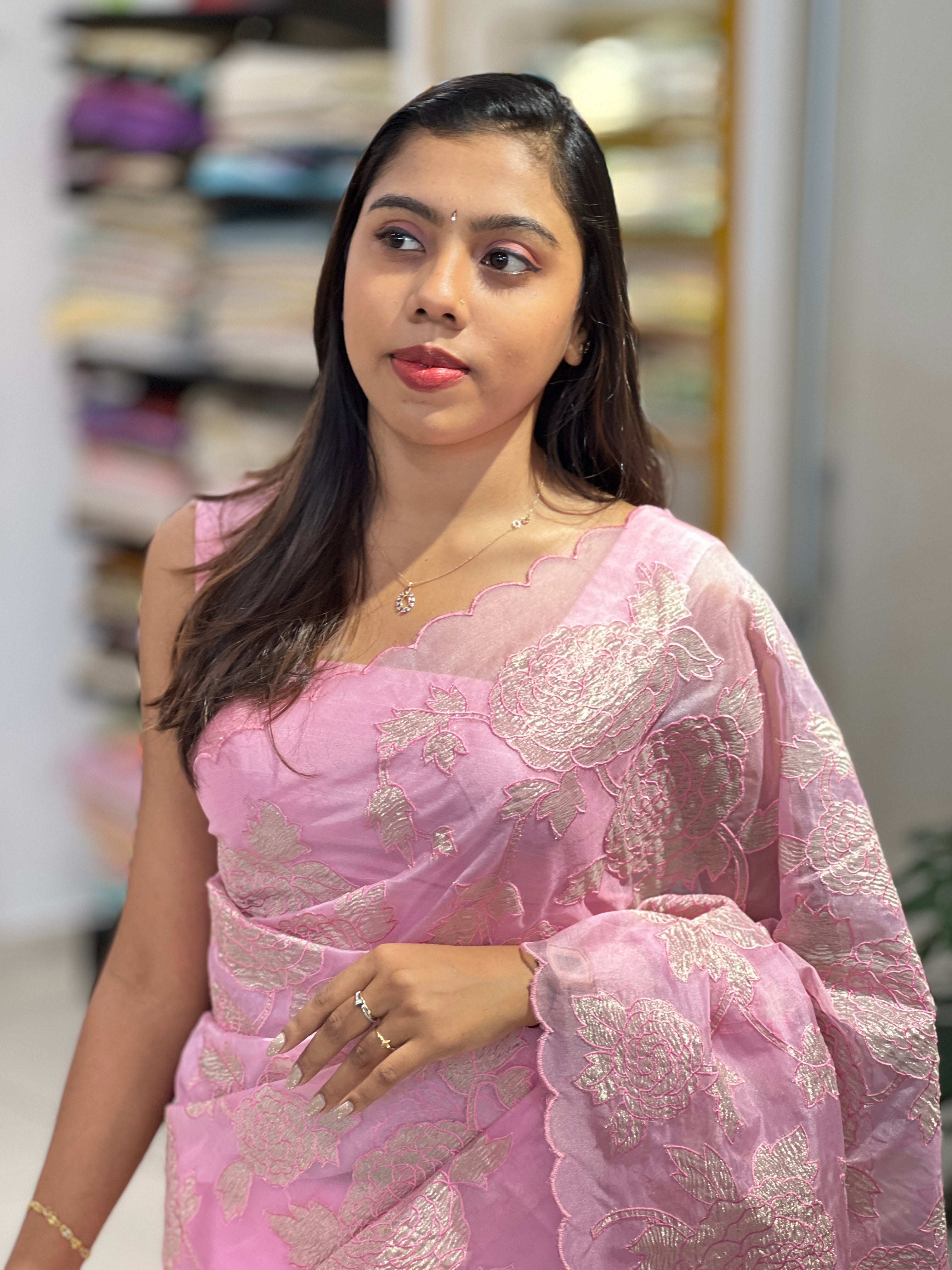 Tissue Applique Patterned Organza Saree | MM367