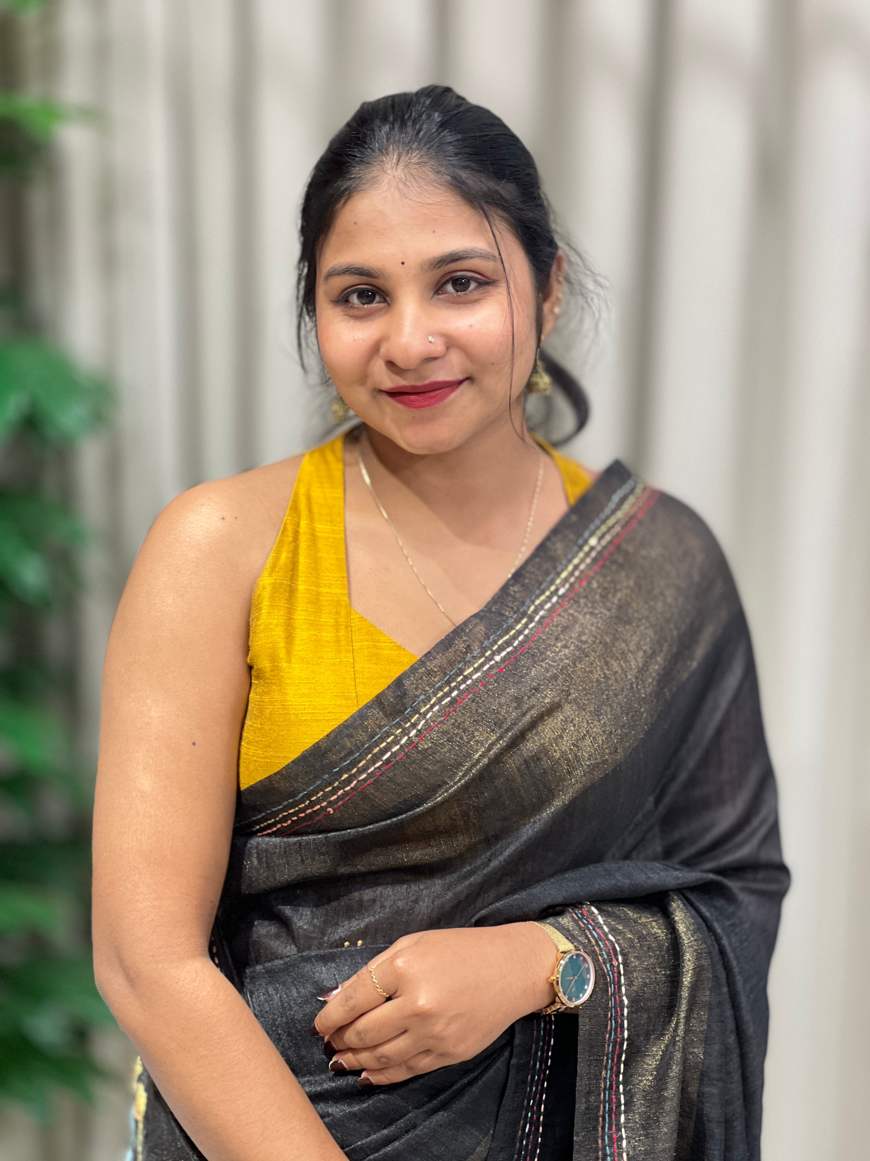 Floral Hand Embroidered Green Silk Saree | BLD1839