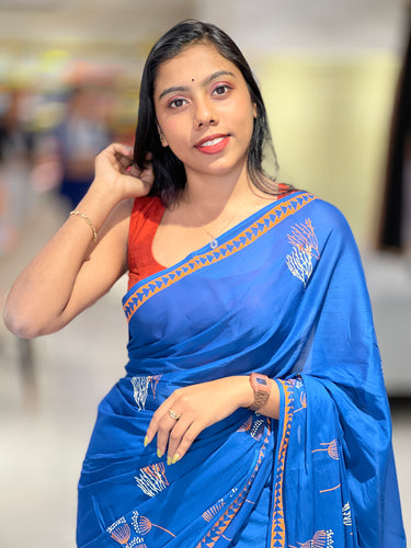 Block Print Detailed Soft Cotton Saree | SFA118