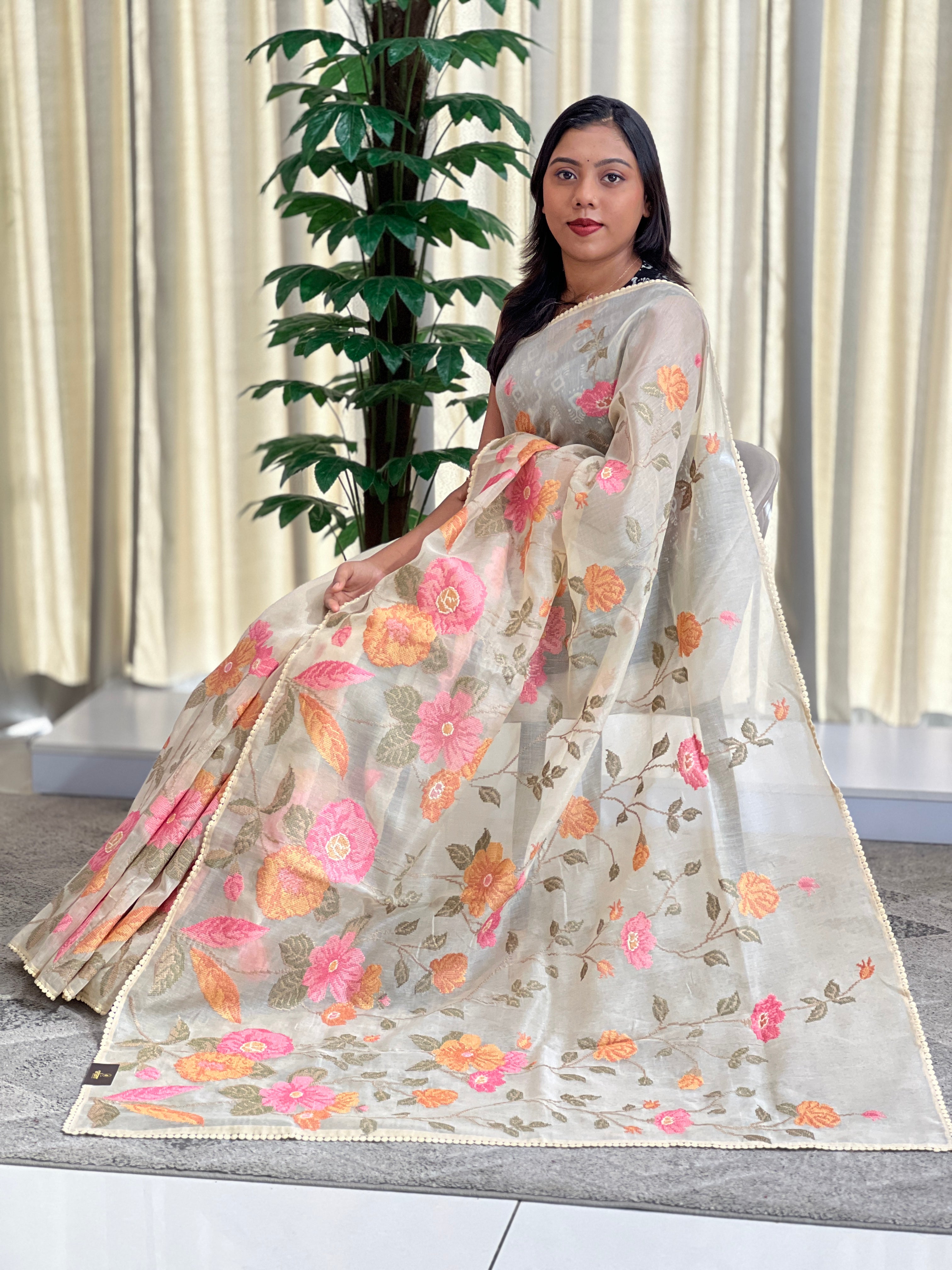 Cross Stitch Embroidered Organza Saree  | MB148