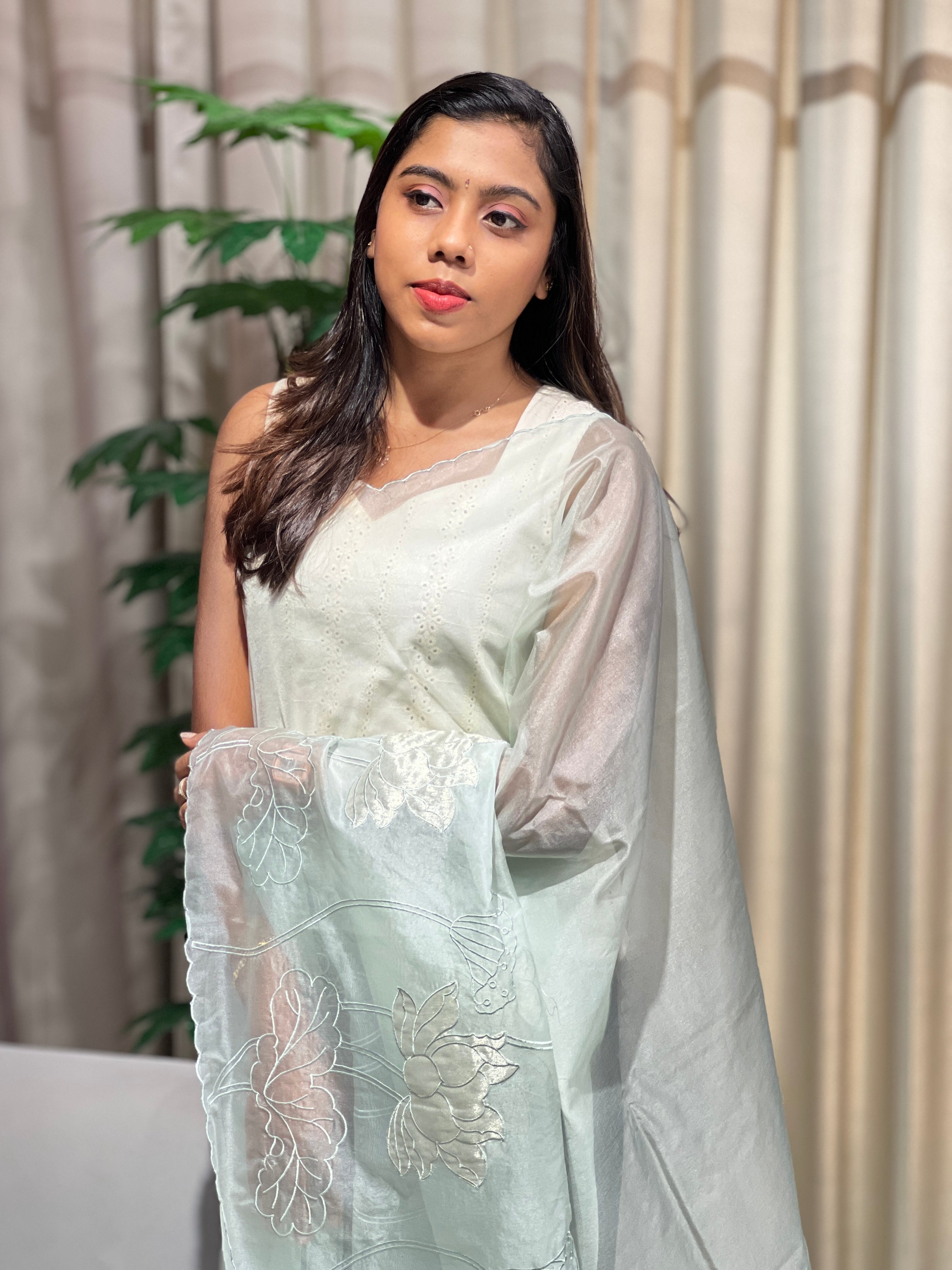 Floral Applique Patterned Organza Saree | MM355