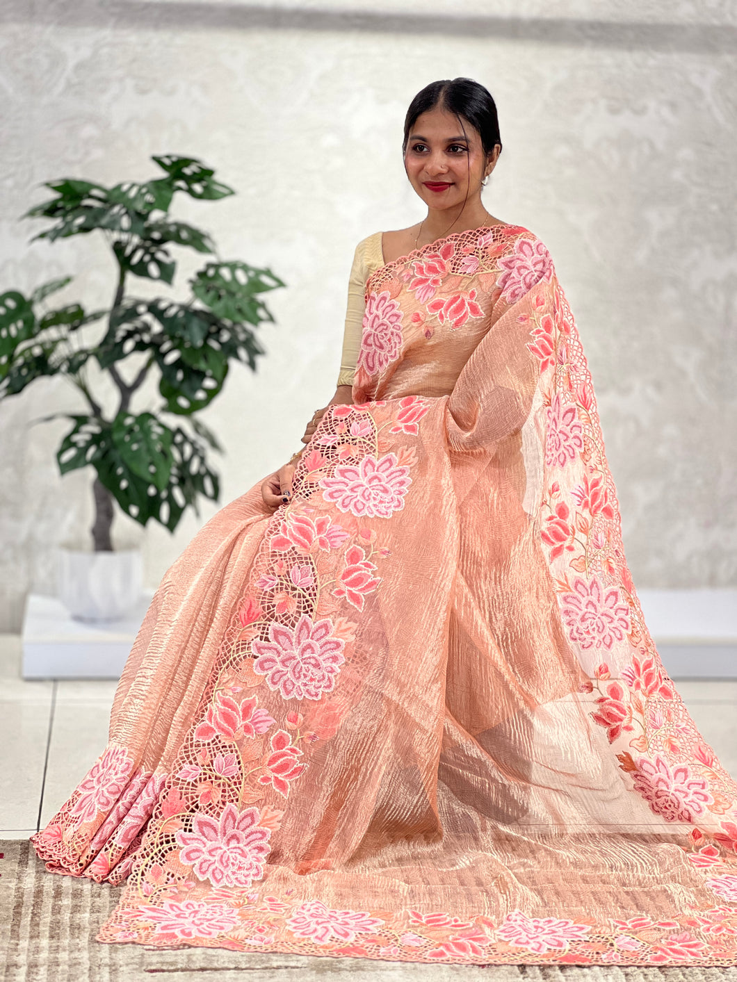 Cross Stitch Floral Embroidered Crushed Tissue Organza Saree | RGD578