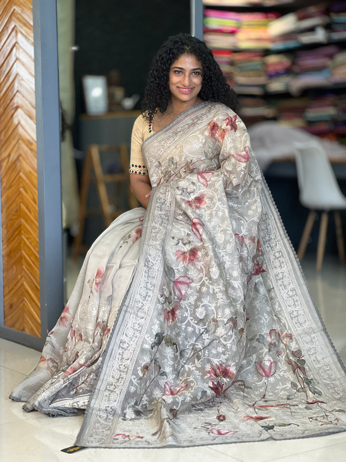 Chikankari Machine Embroidery Silk Organza Saree | SMC136