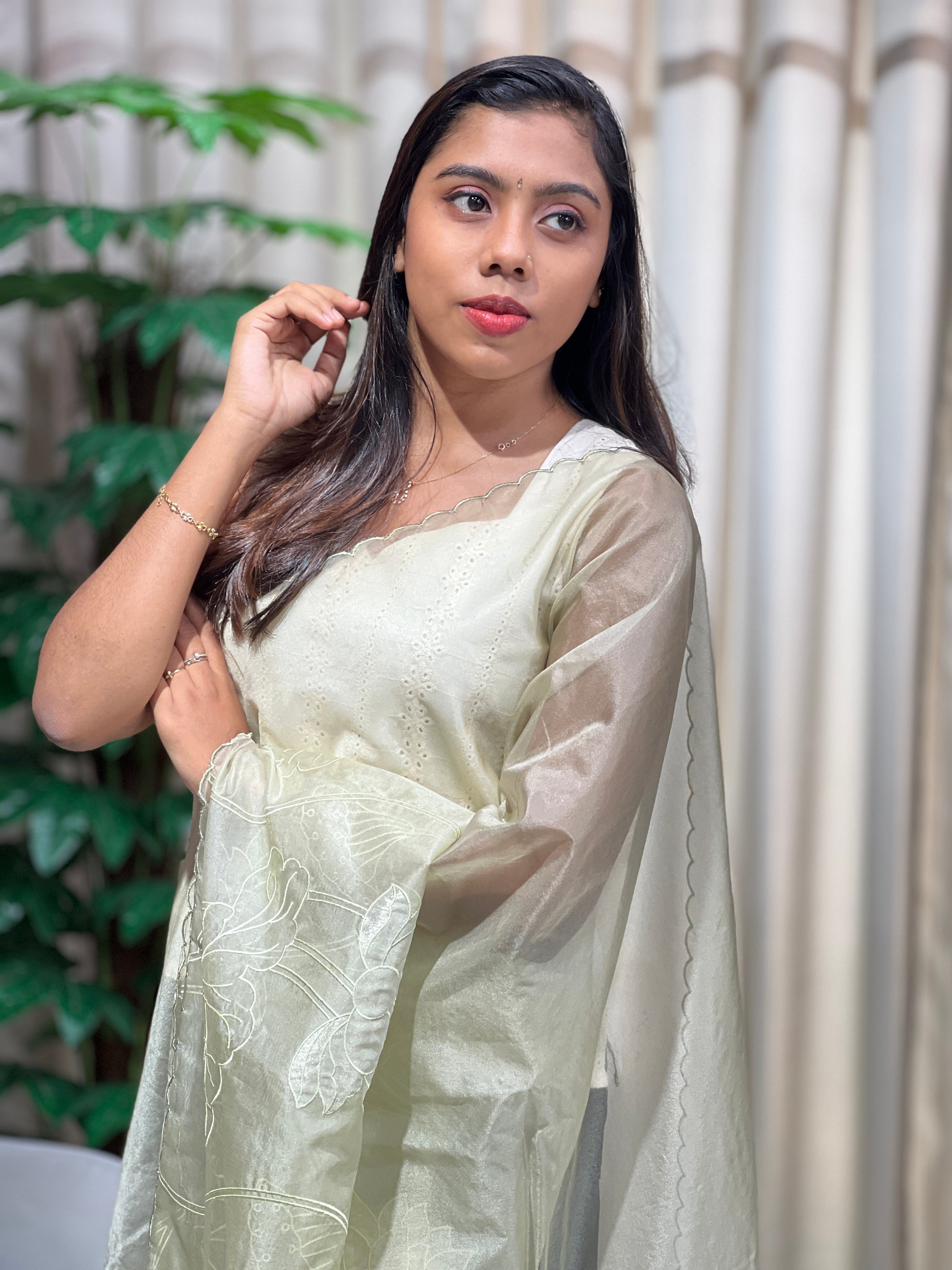 Floral Applique Patterned Organza Saree | MM357