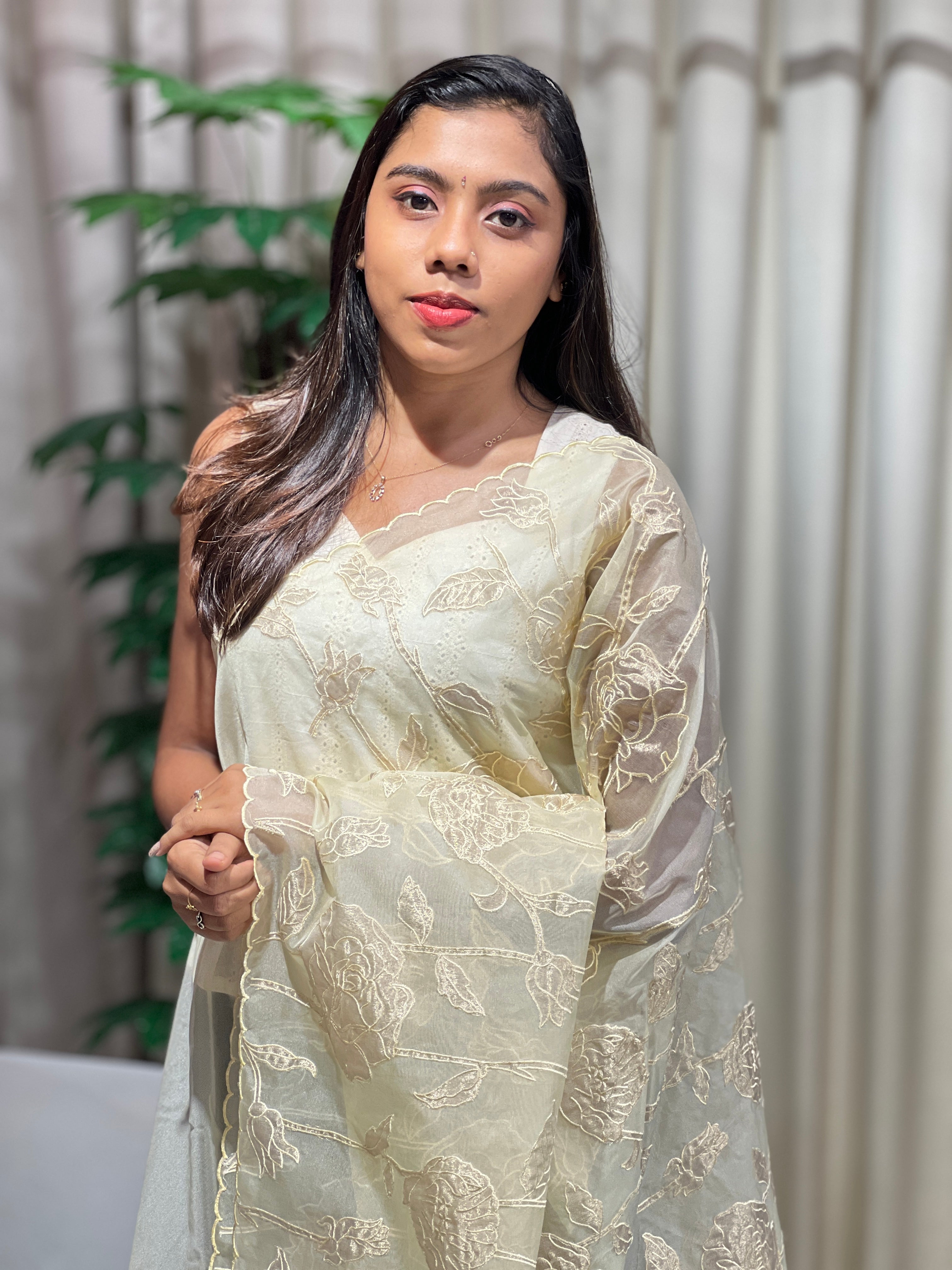 Floral Applique Patterned Organza Saree | MM358