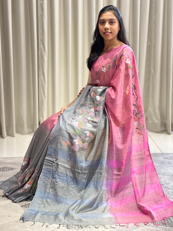 Floral Embroidered Bhagalpuri Linen Saree | NHH456