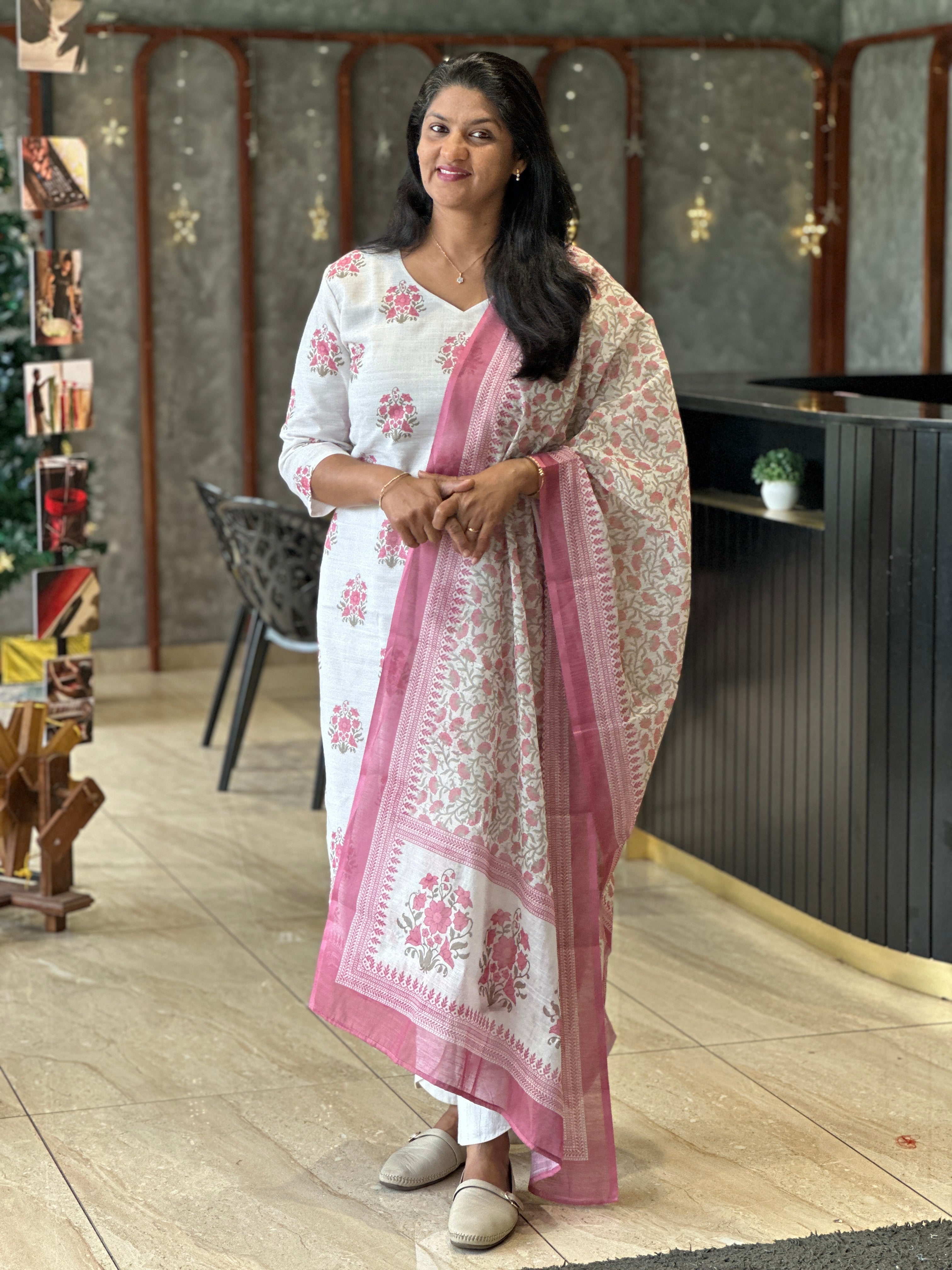 Floral Printed Linen-Cotton Unstitched Salwar Set (Without Bottom) | SSN480