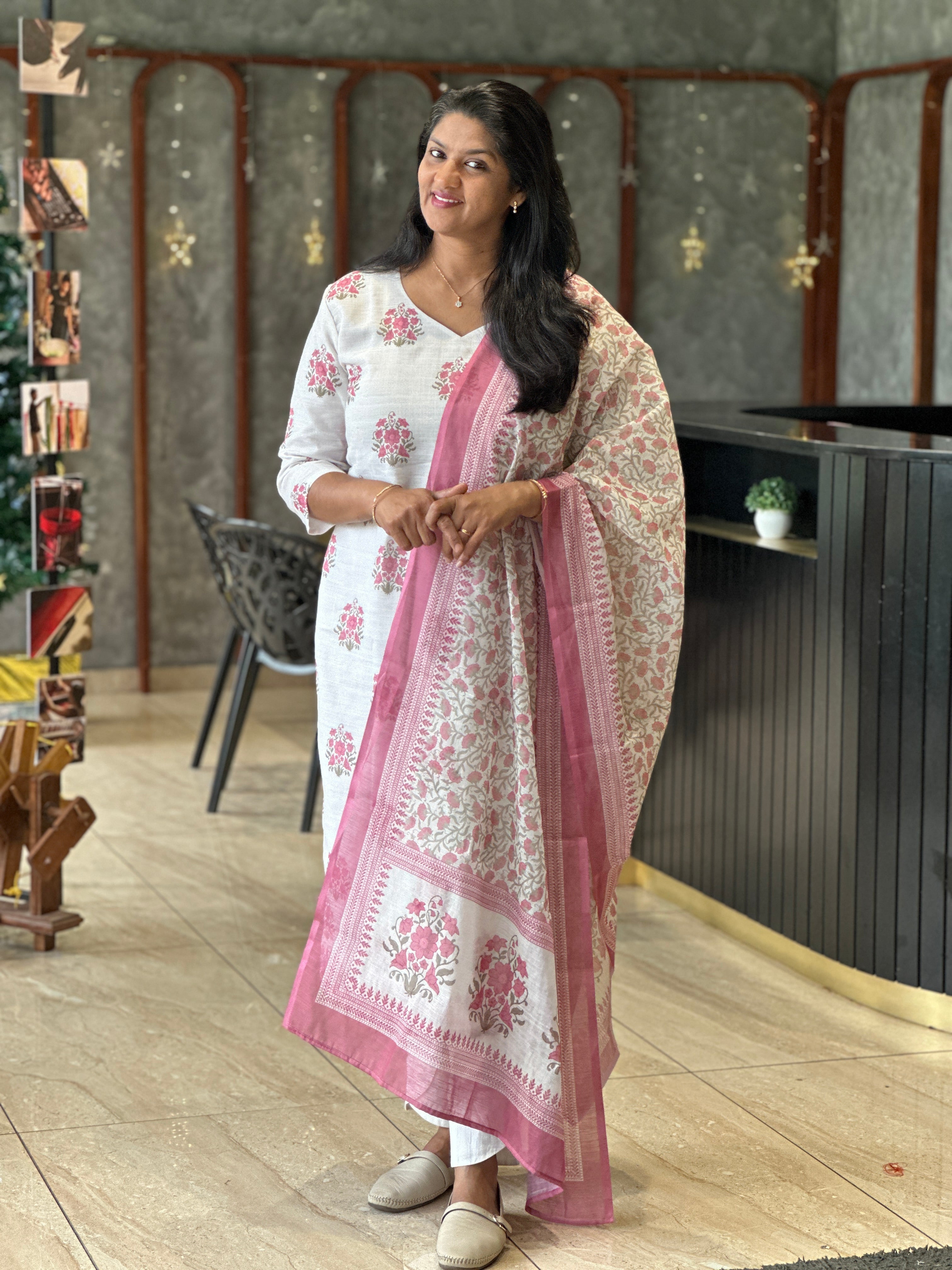 Floral Printed Linen-Cotton Unstitched Salwar Set (Without Bottom) | SSN480