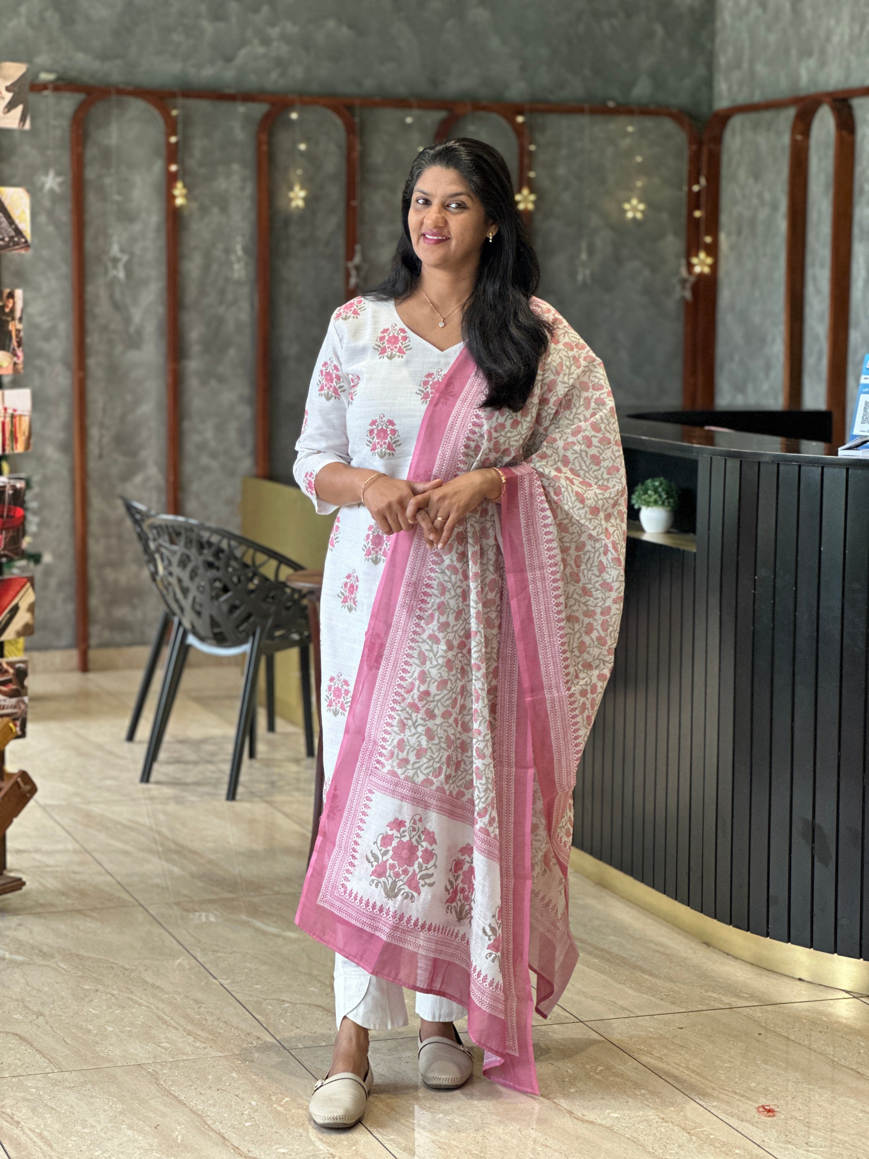 Floral Printed Linen-Cotton Unstitched Salwar Set (Without Bottom) | SSN480