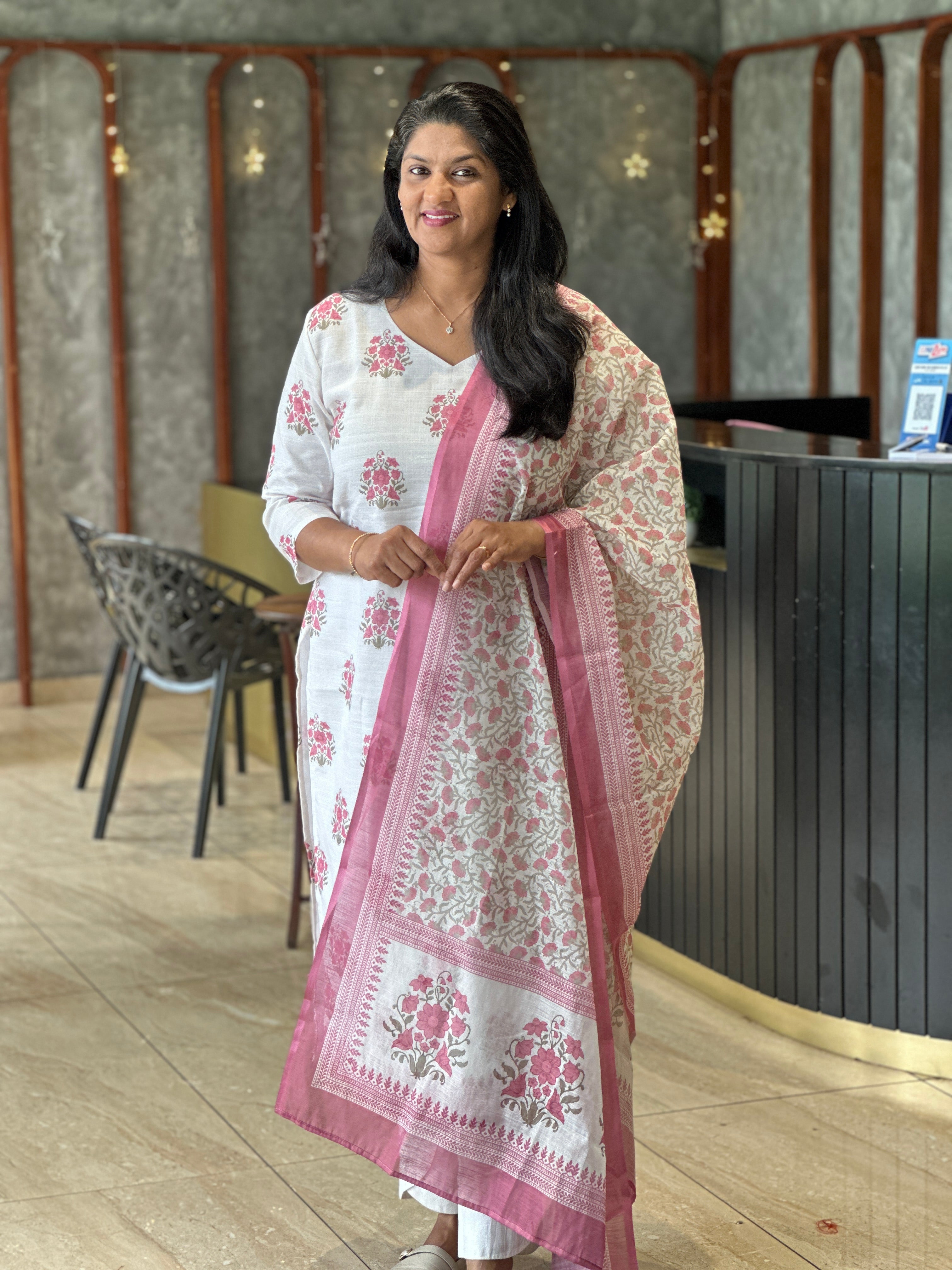 Floral Printed Linen-Cotton Unstitched Salwar Set (Without Bottom) | SSN480