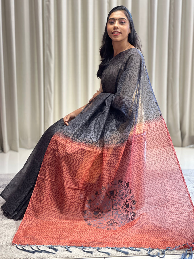 Block Print With Embroidery Detailed Supernet Kota Saree | PF1046