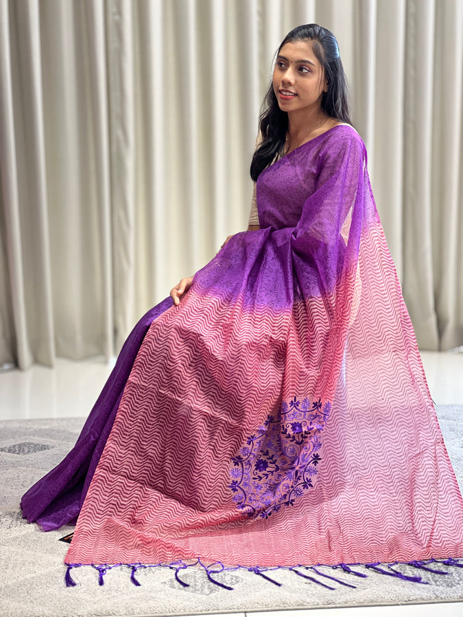 Block Print With Embroidery Detailed Supernet Kota Saree | PF1042