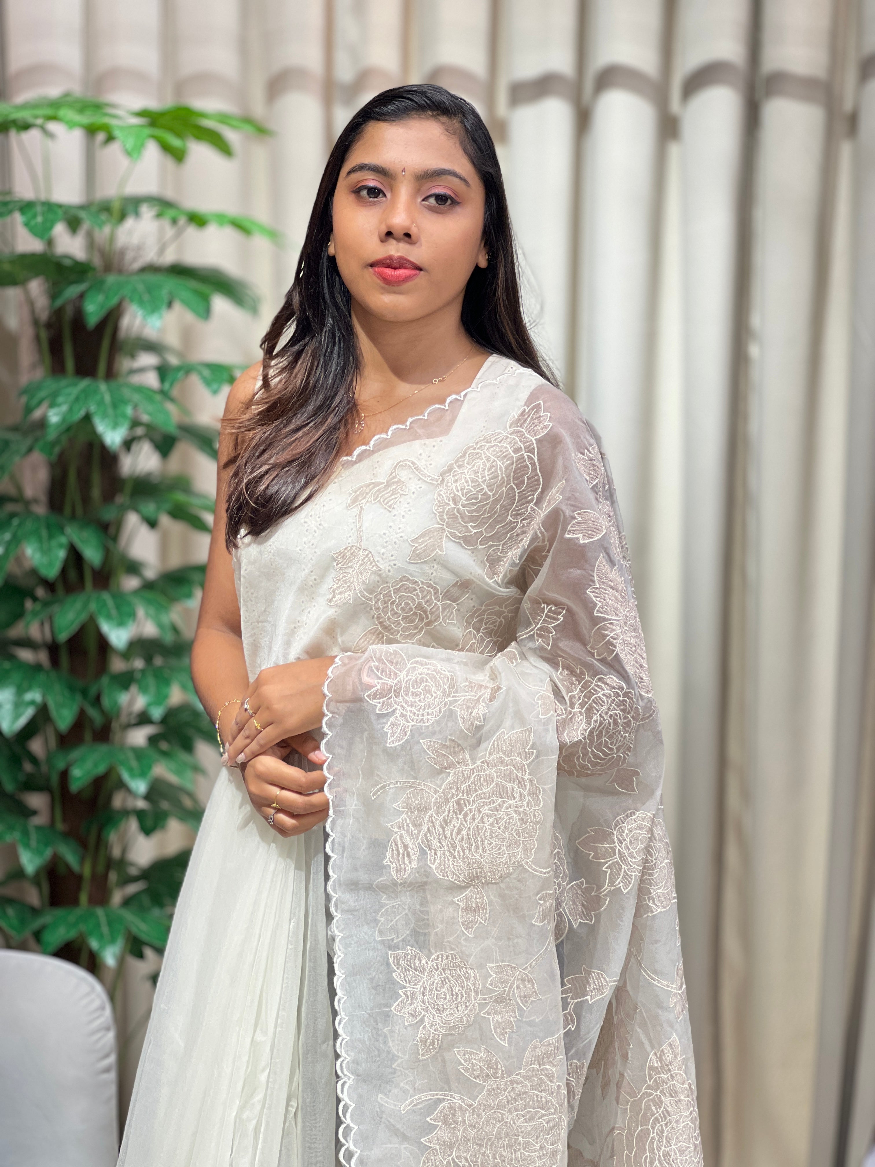 Tissue Applique Patterned Organza Saree | MM368