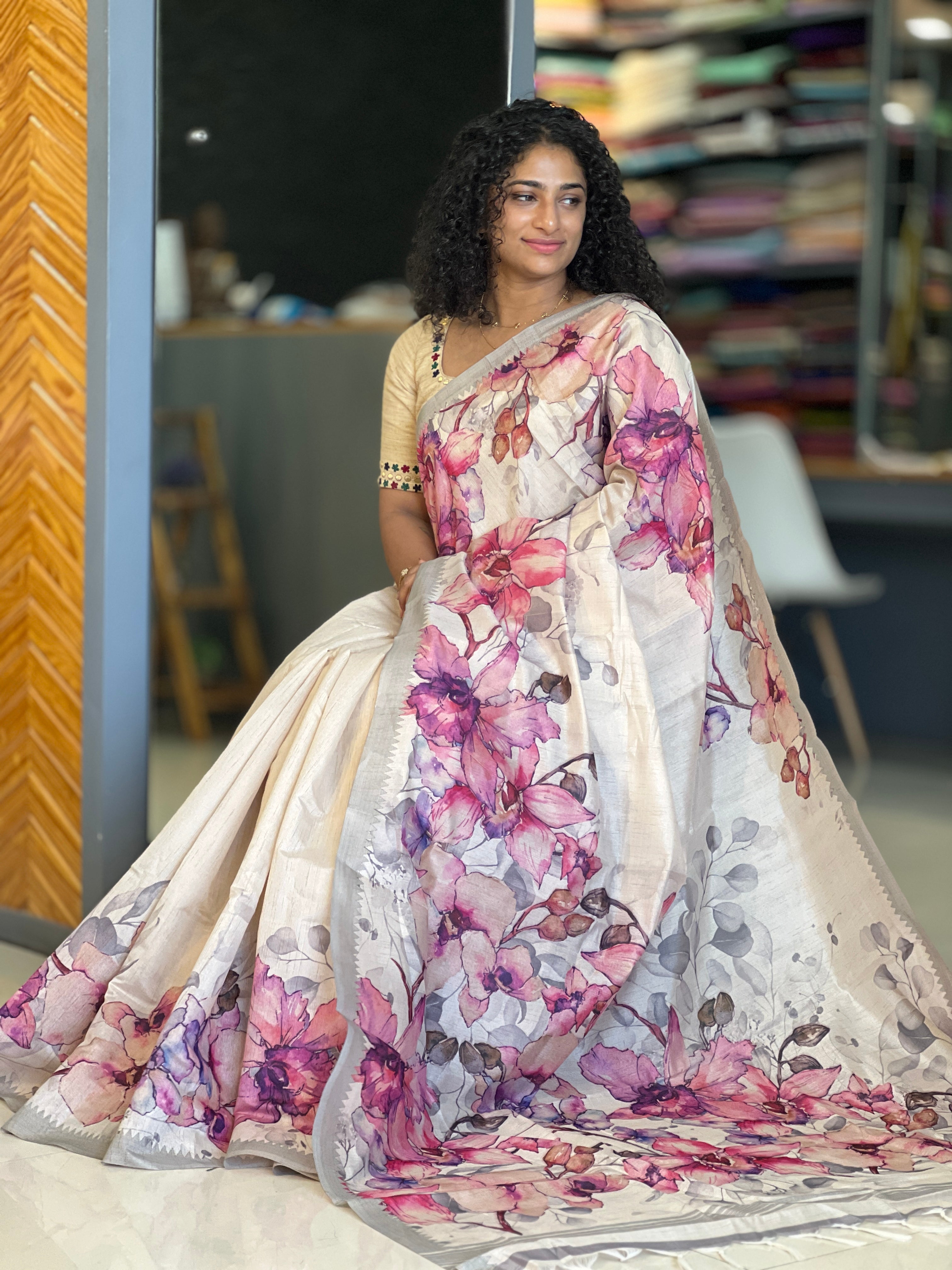 Floral Printed Tussar Finish Saree | KSD134