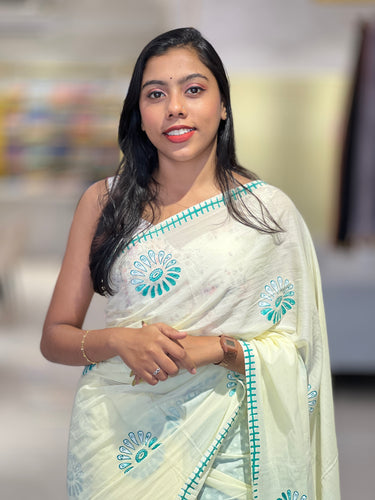 Floral Block Printed Cotton Saree | SFA108