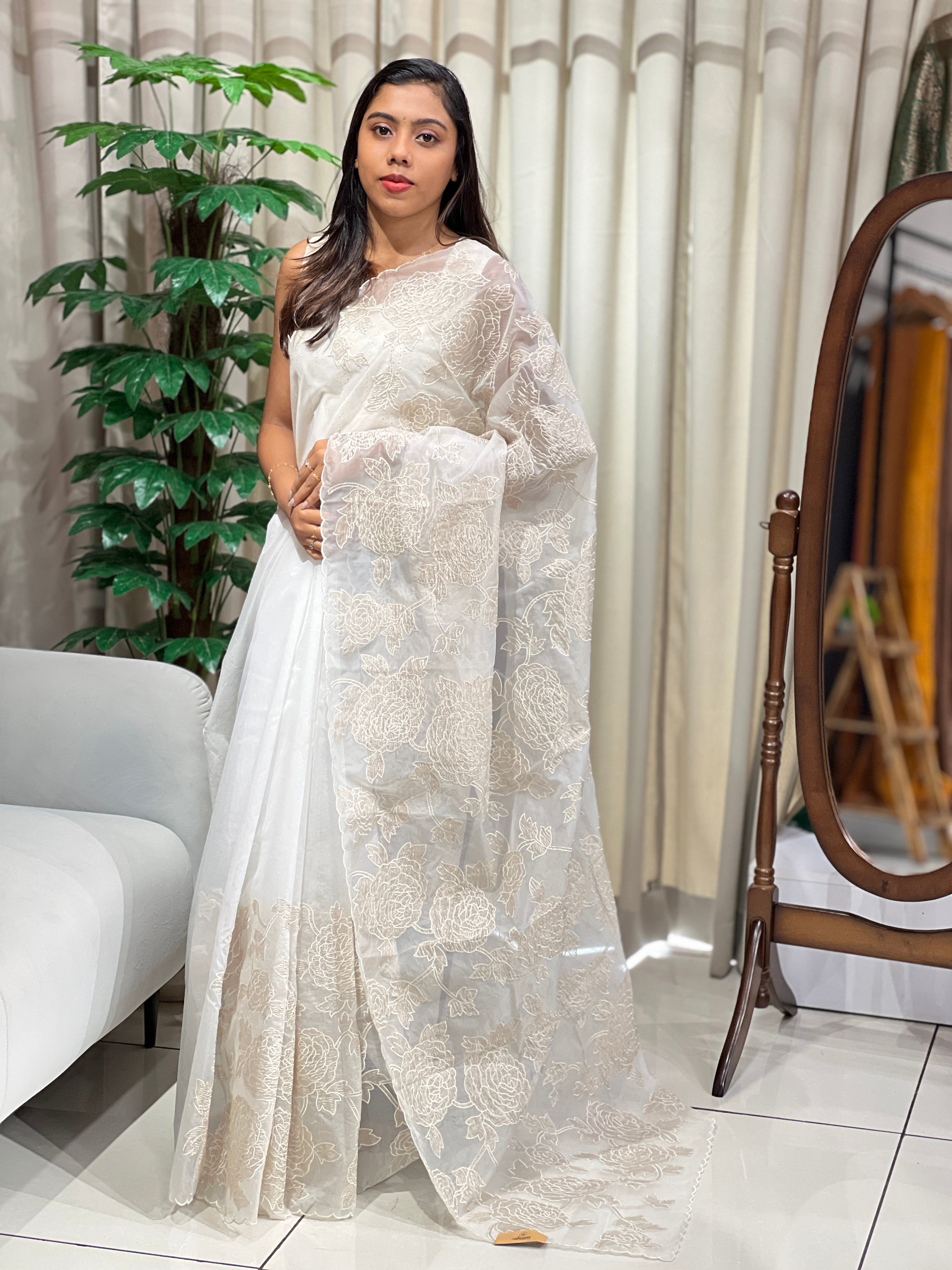 Tissue Applique Patterned Organza Saree | MM366