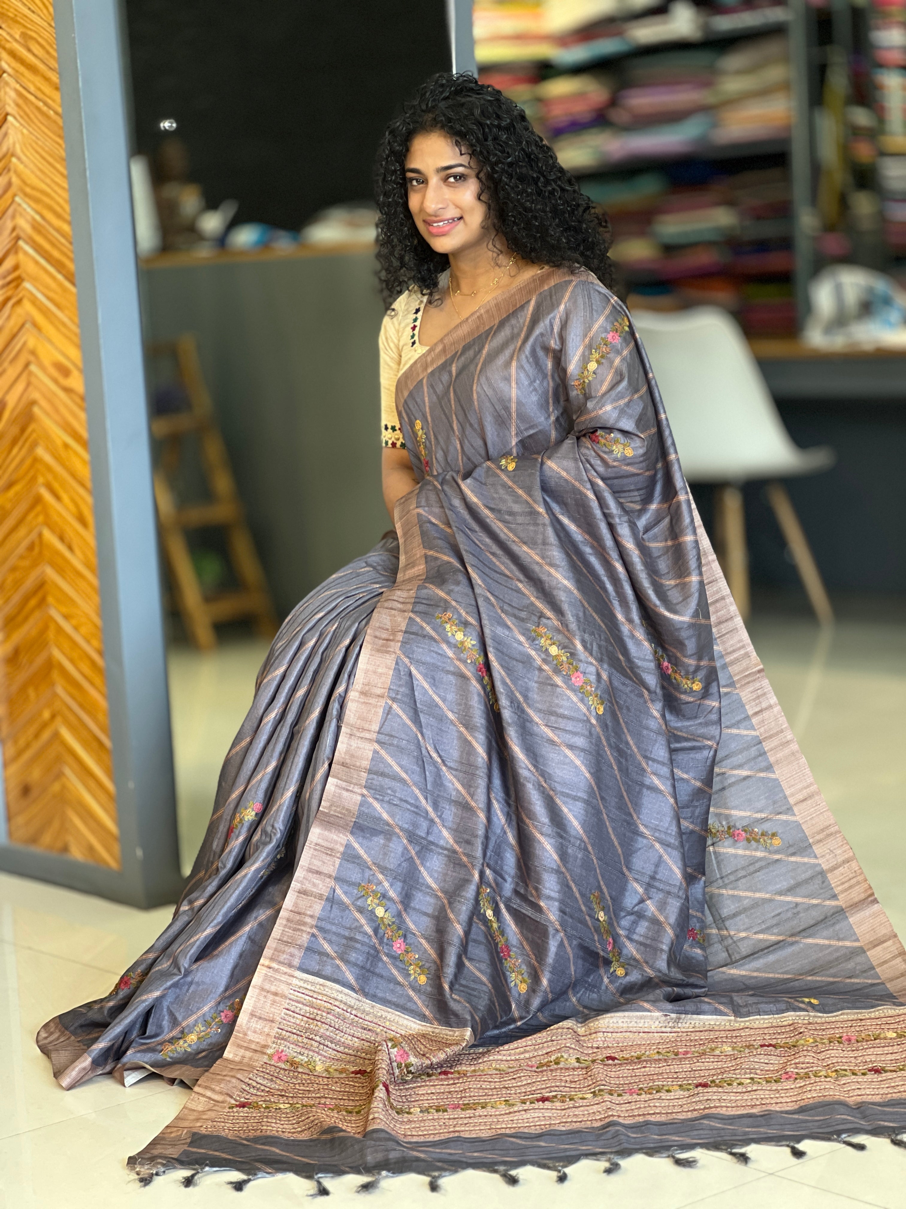 Hand Embroidery Tussar Finish Saree | KSD139