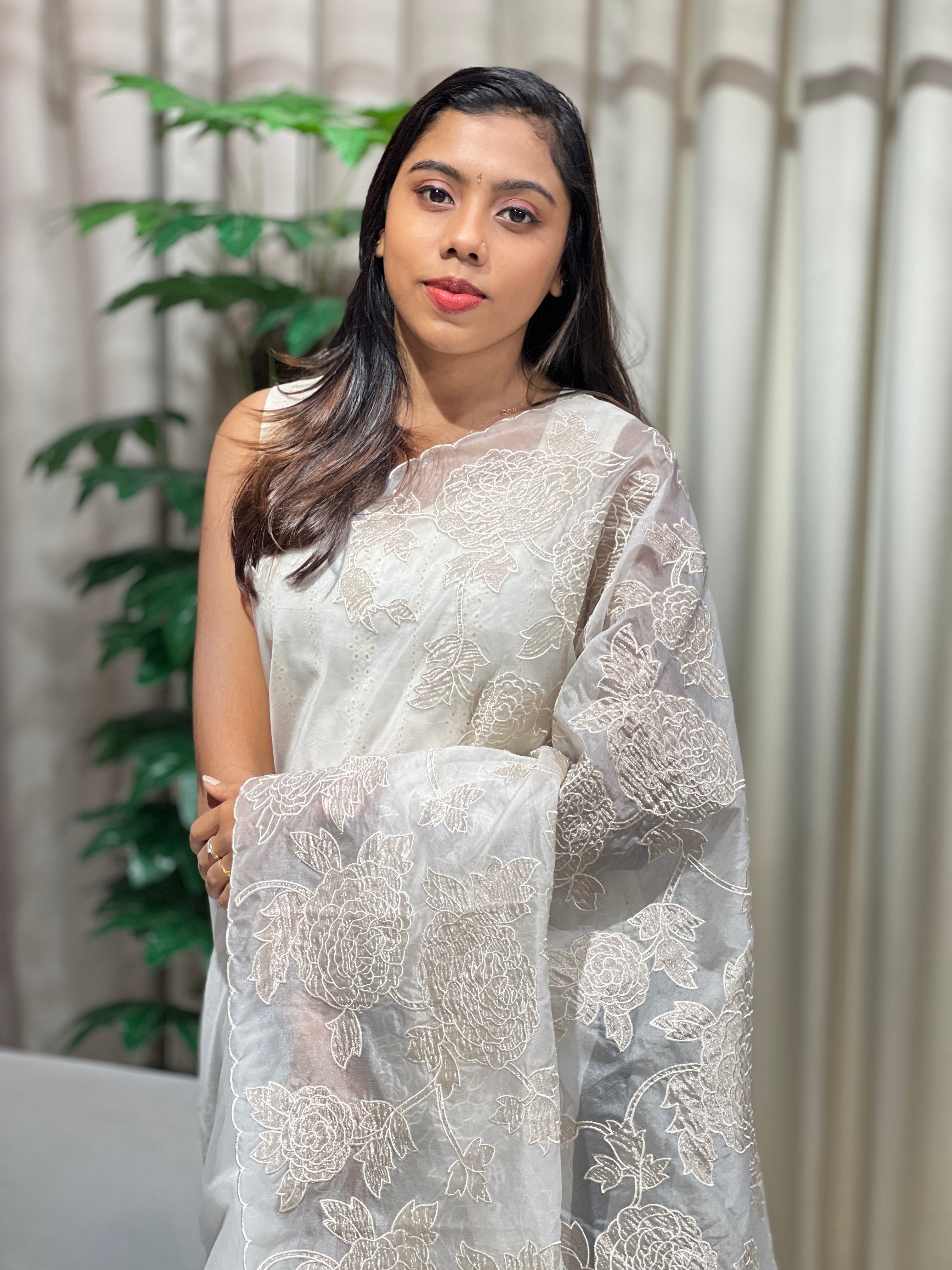 Tissue Applique Patterned Organza Saree | MM366