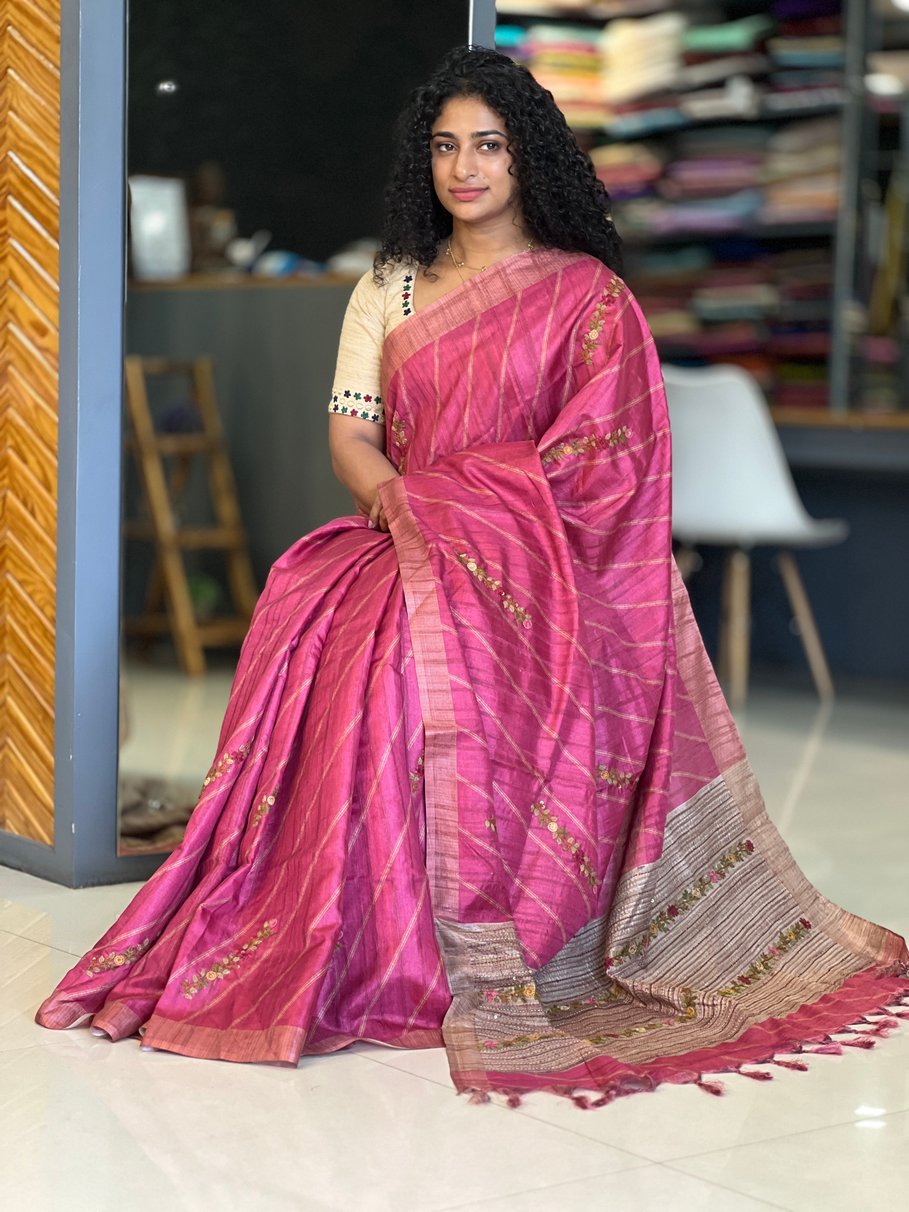 Hand Embroidery Tussar Finish Saree | KSD139
