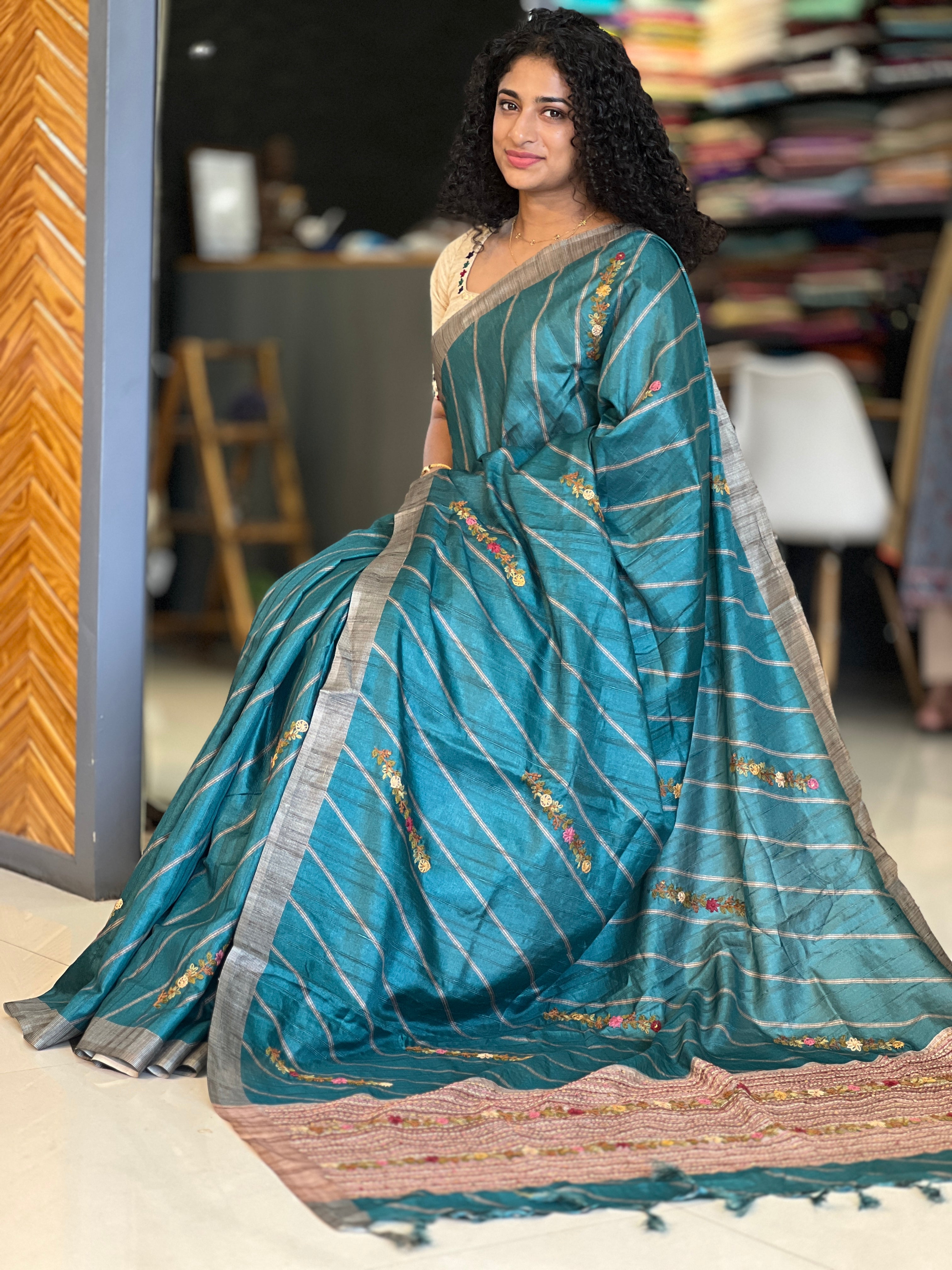 Hand Embroidery Tussar Finish Saree | KSD139