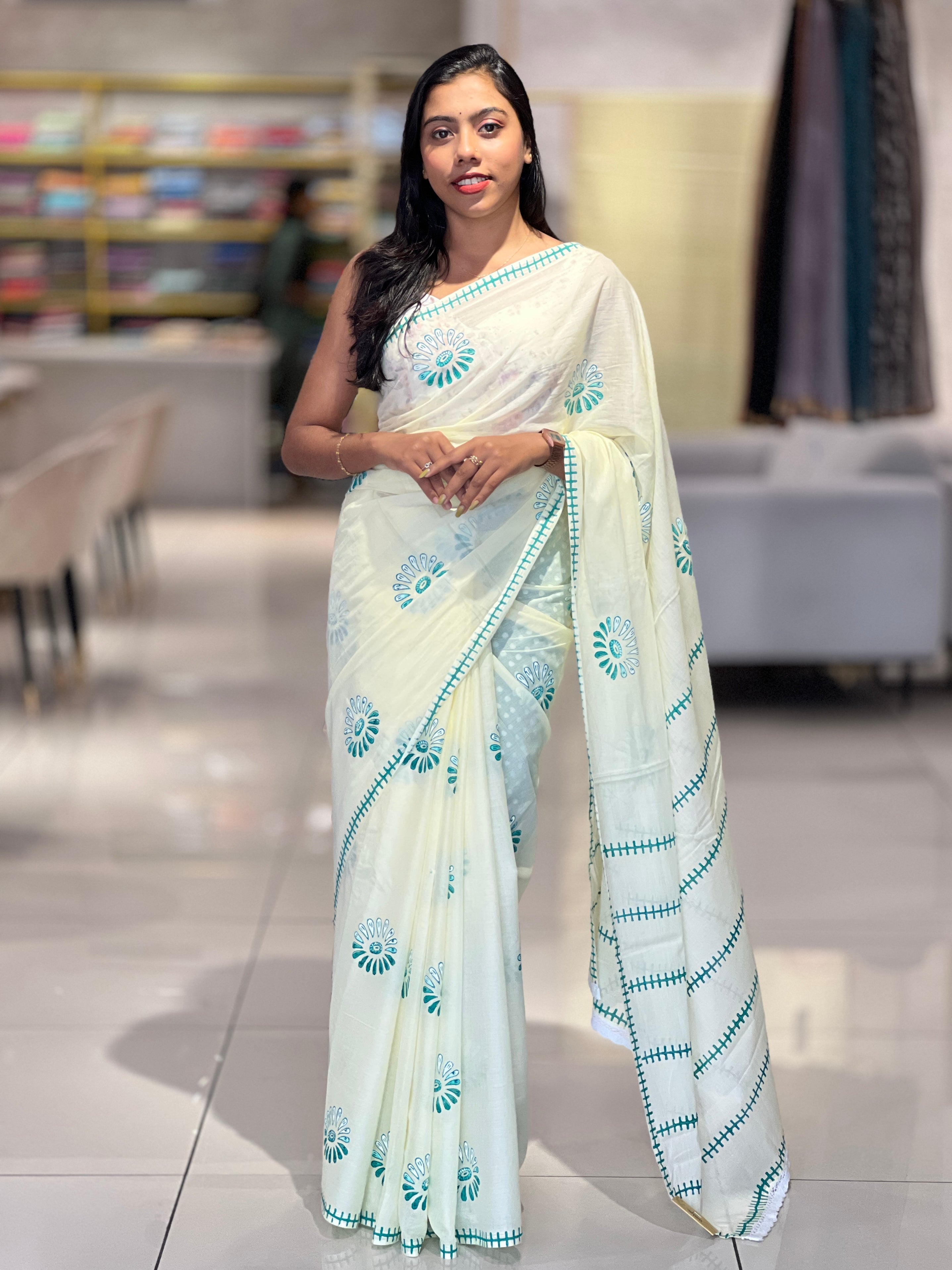 Floral Block Printed Cotton Saree | SFA108