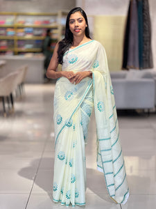 Floral Block Printed Cotton Saree | SFA108