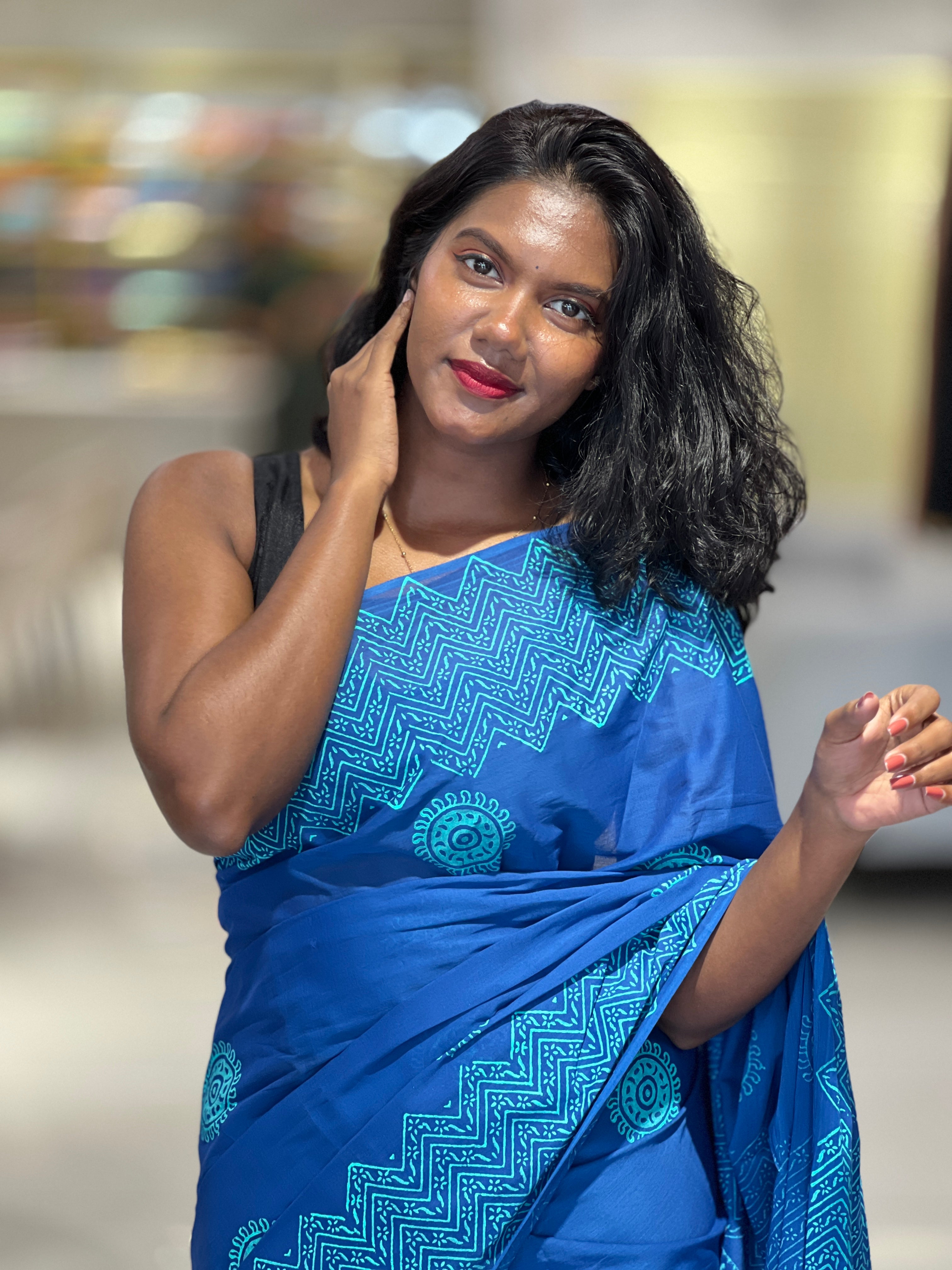 Block Print Detailed Soft Cotton Saree | SFA113