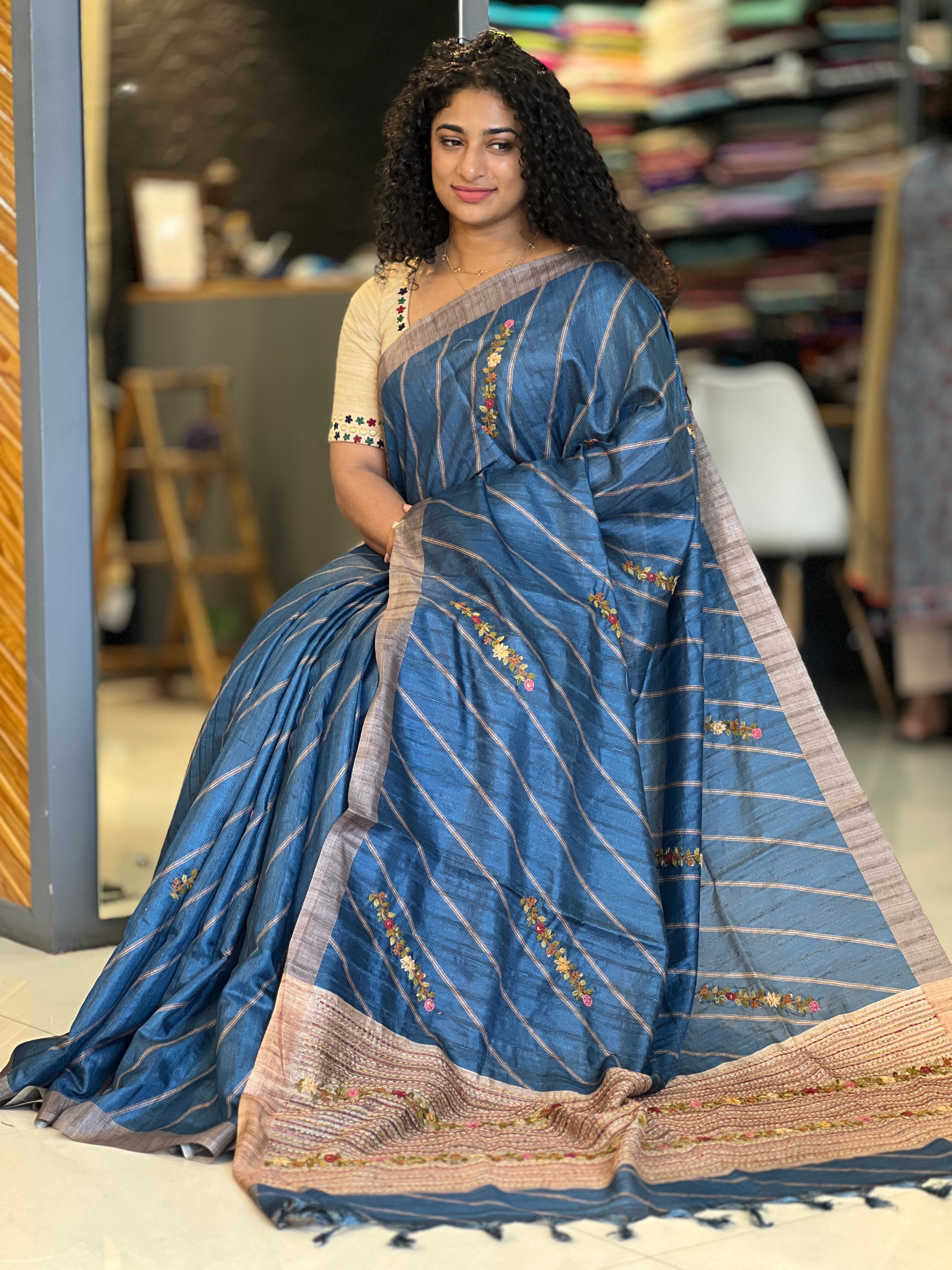 Hand Embroidery Tussar Finish Saree | KSD139