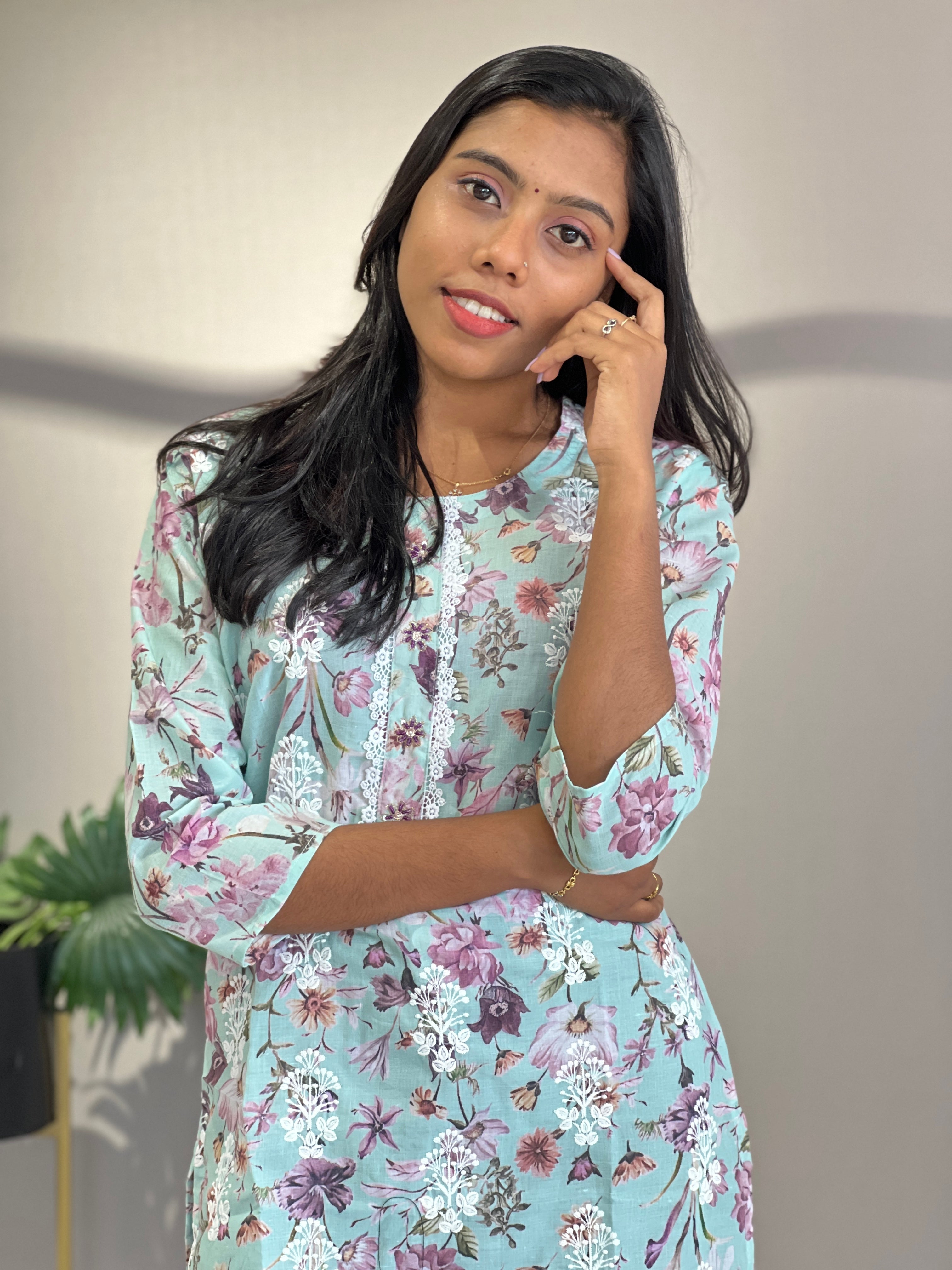 Floral Print With Embroidery Highlighted Slub Cotton Kurta | NEF111