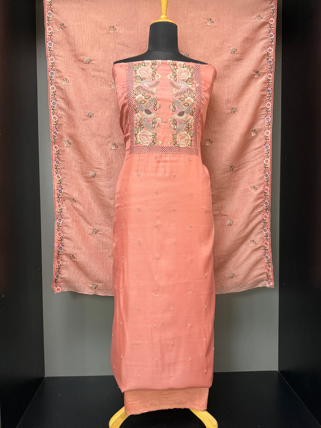 Machine and Cutwork Detailed Semi Tussar Salwar Set | SUN129