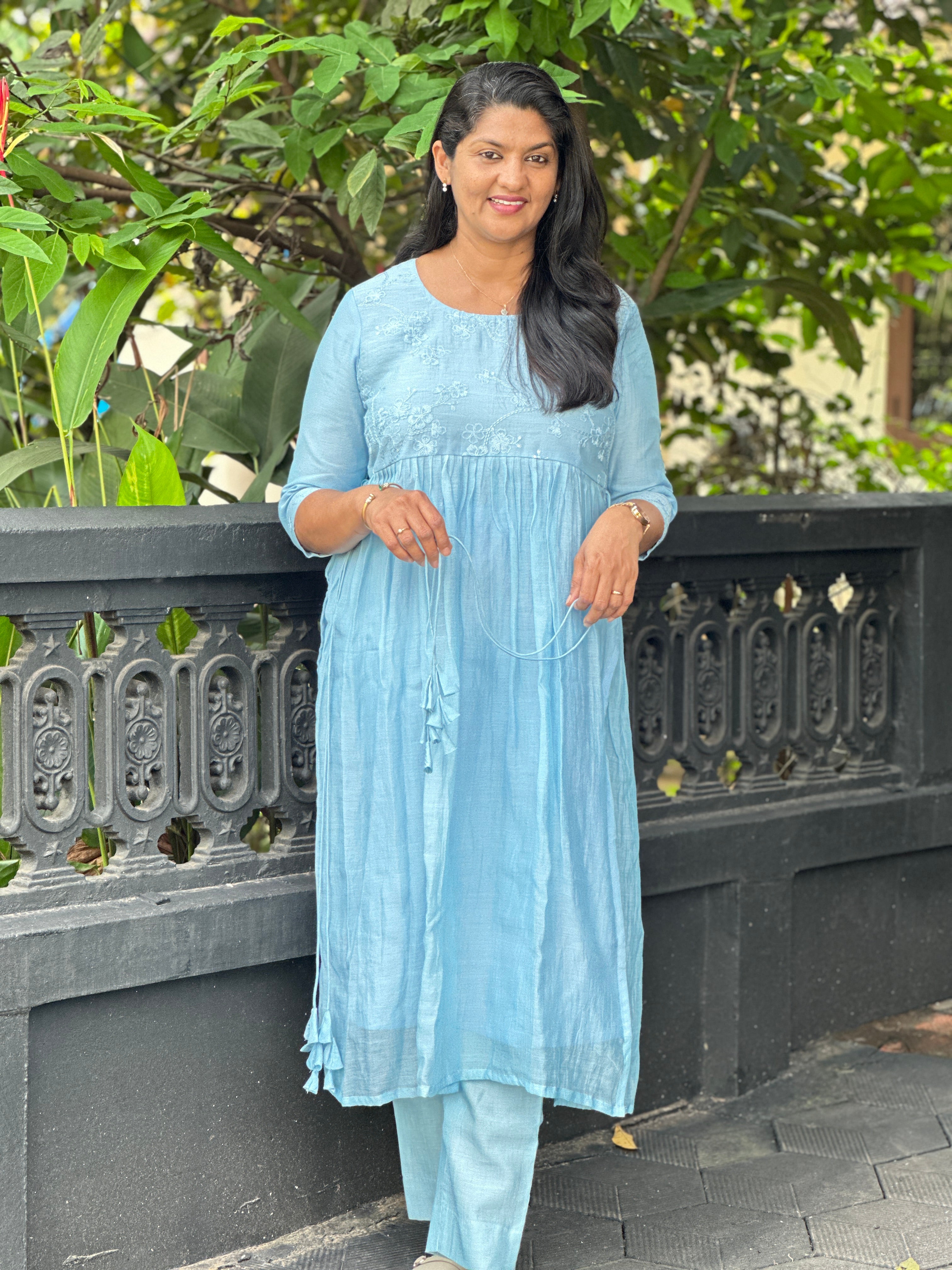 Silk Thread Embroidered Mul Chanderi Kurta Set | DN793