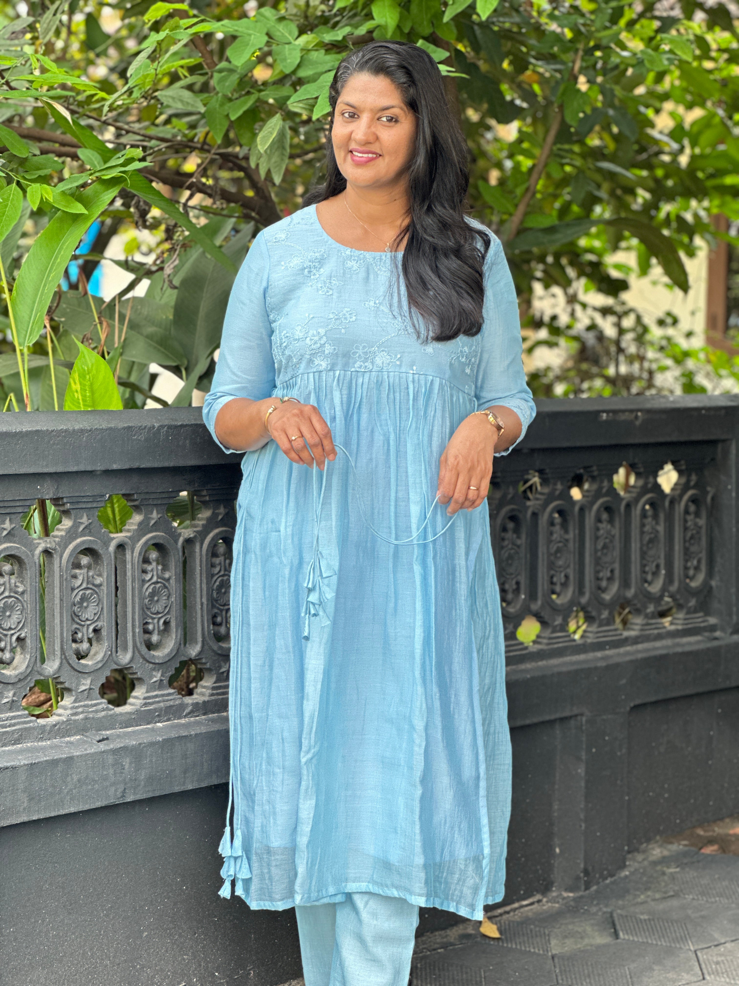 Silk Thread Embroidered Mul Chanderi Kurta Set | DN793