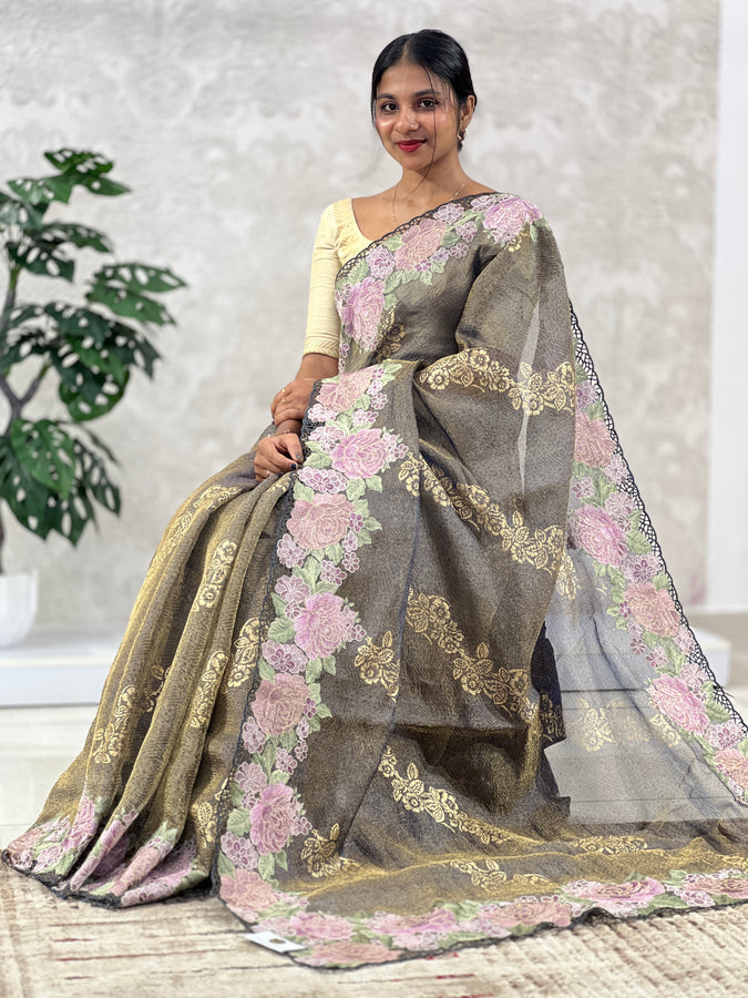 Embroidered Crushed TissueOrganza Saree | RGD579