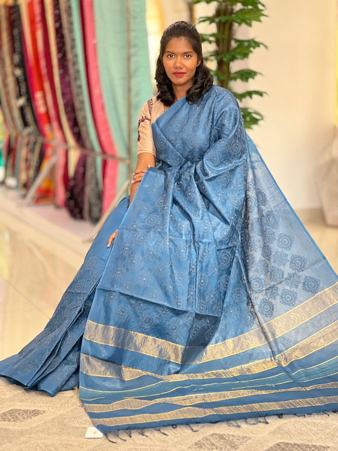 Floral Emboridery Bamboo Tussar Saree | MNH420