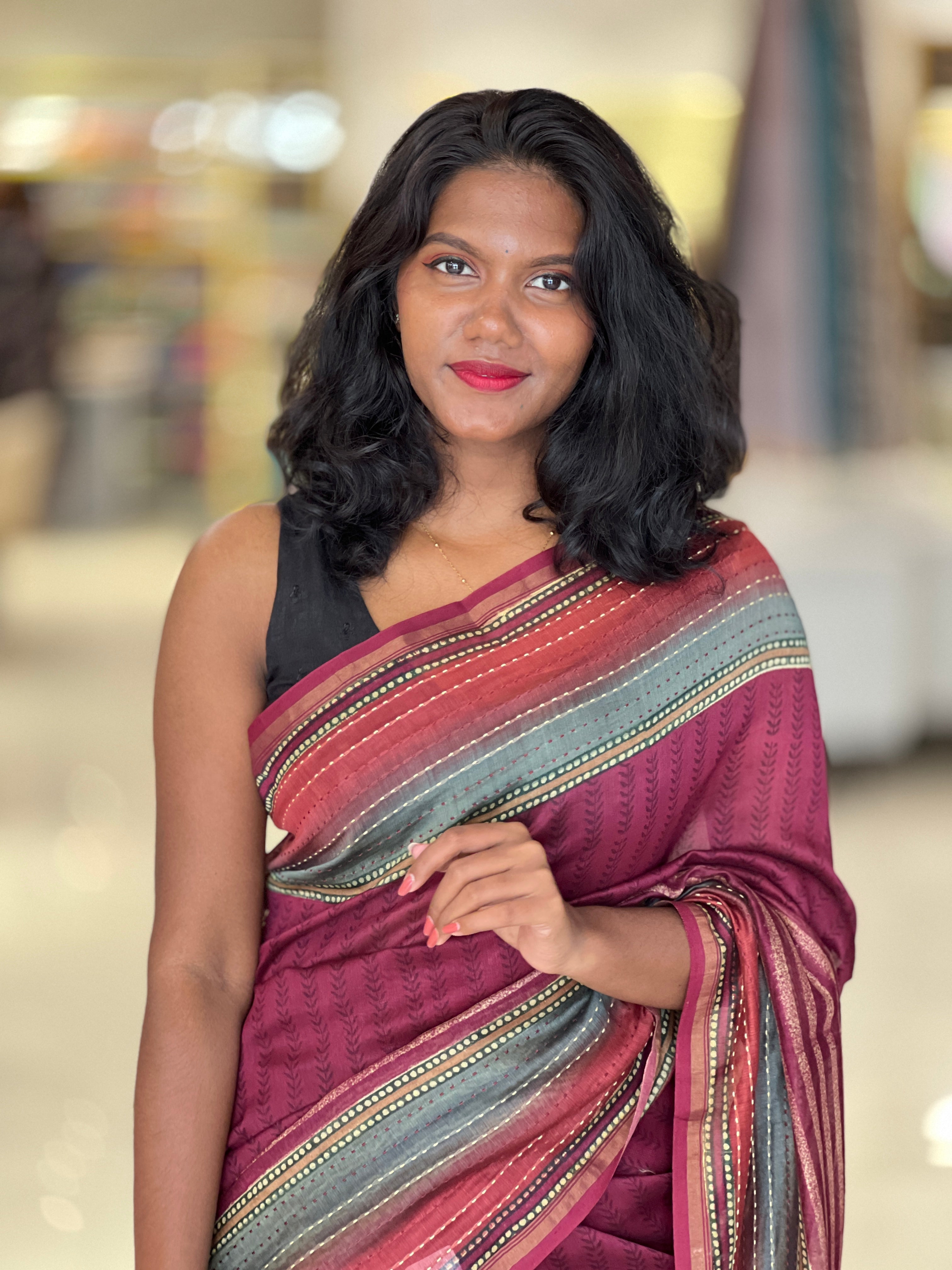 Print With Machine Kantha Border Detailed Chanderi Silk Saree | RGD456