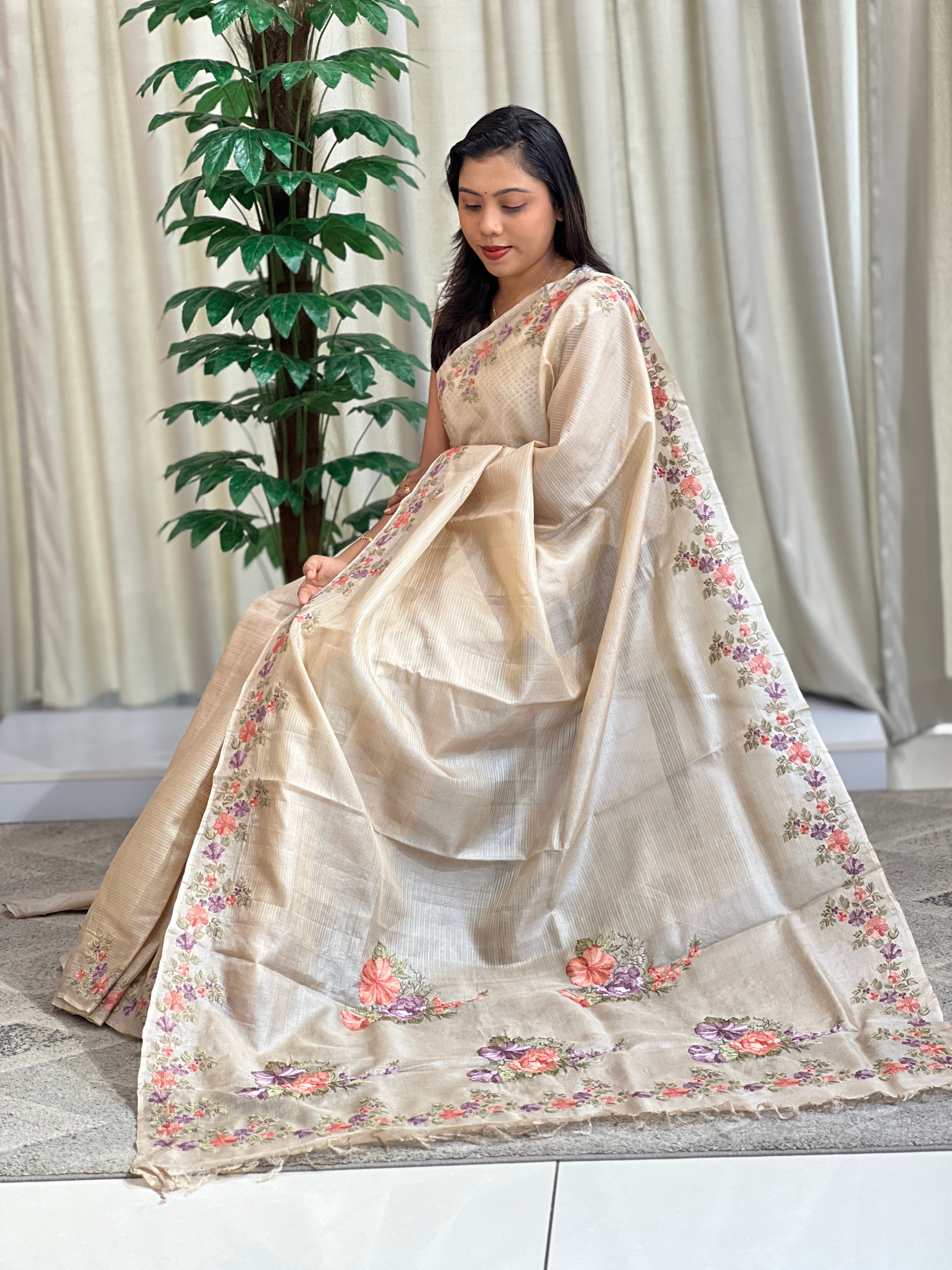 Floral Machine Embroidered Tussar Saree | YNG1609