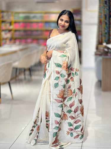 Floral Applique Work Detailed Tissue Linen Saree  | KSD299