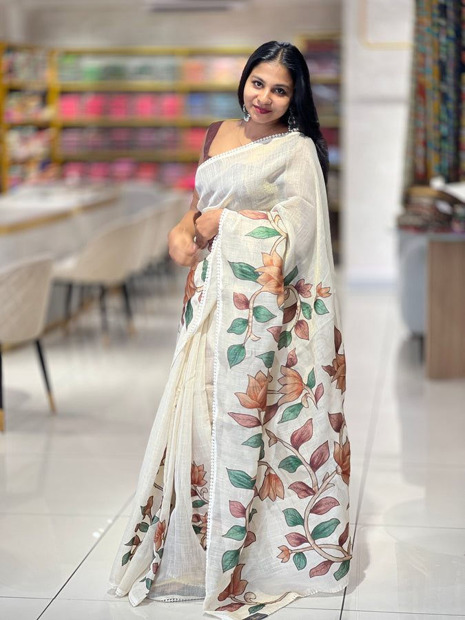 Floral Applique Work Detailed Tissue Linen Saree  | KSD299